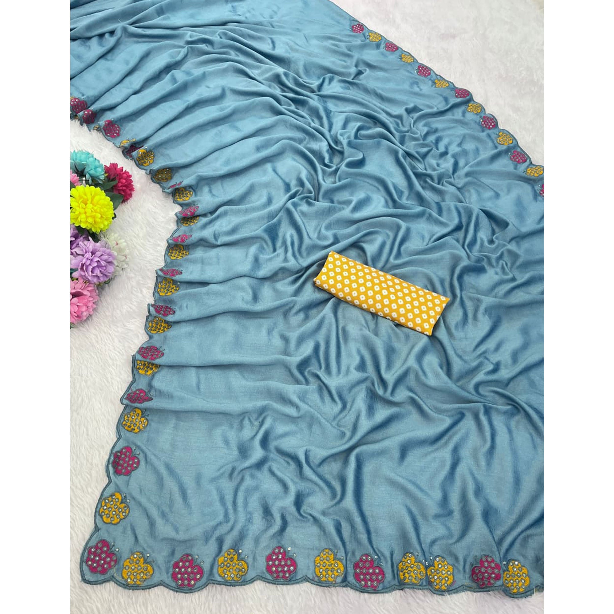 Teal Premium Vichitra Silk Saree Adorned with Intricate Embroidery Work