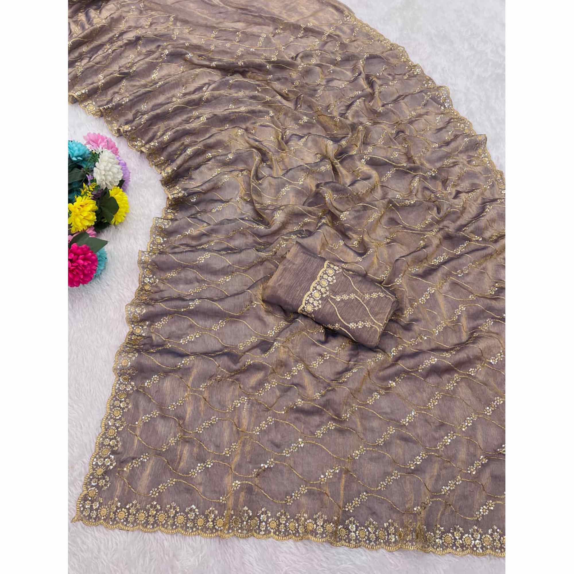 Lavender Partywear Organza Chiffon Silk Saree Highlighted with Fine Sequins Detailing