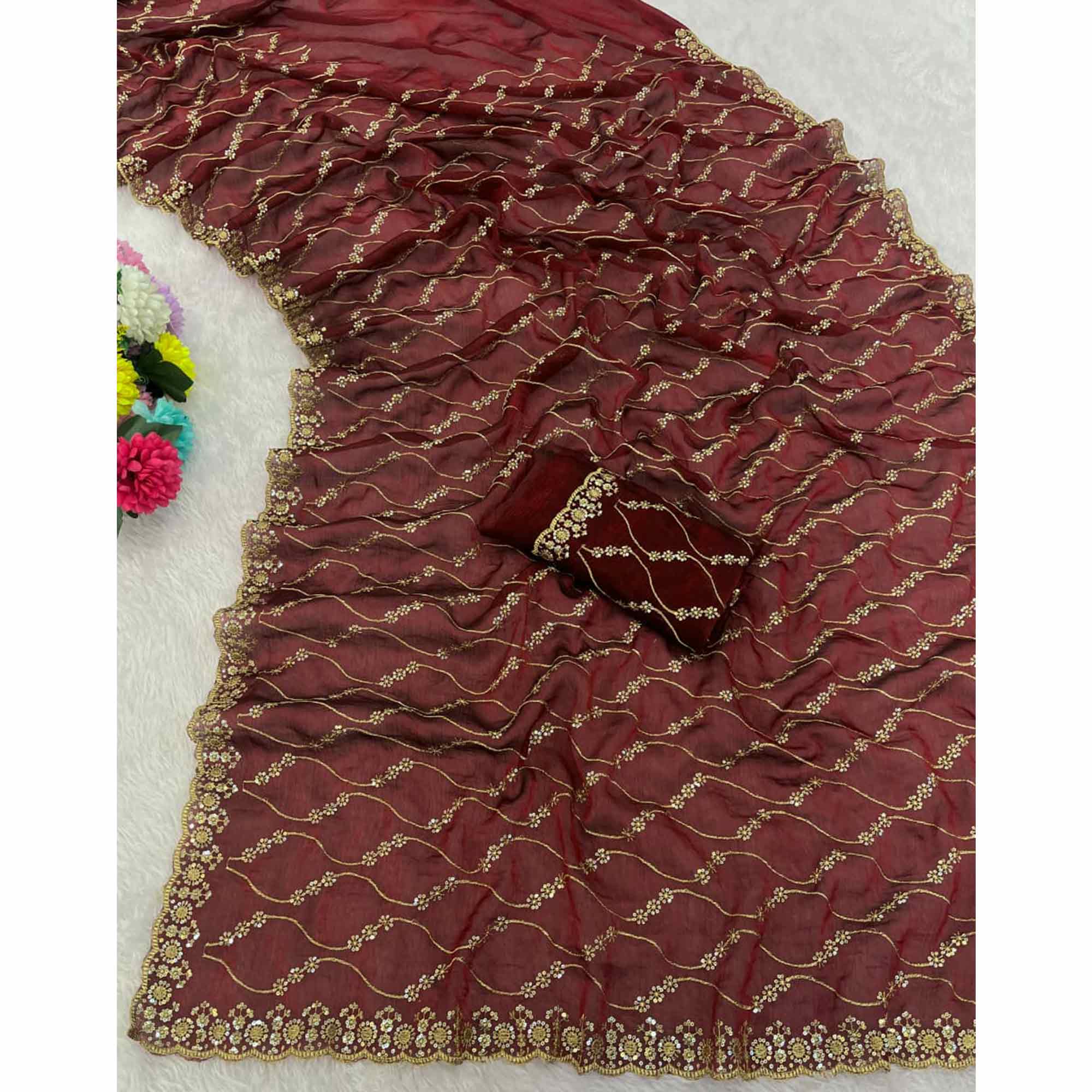 Maroon Partywear Organza Chiffon Silk Saree Highlighted with Fine Sequins Detailing