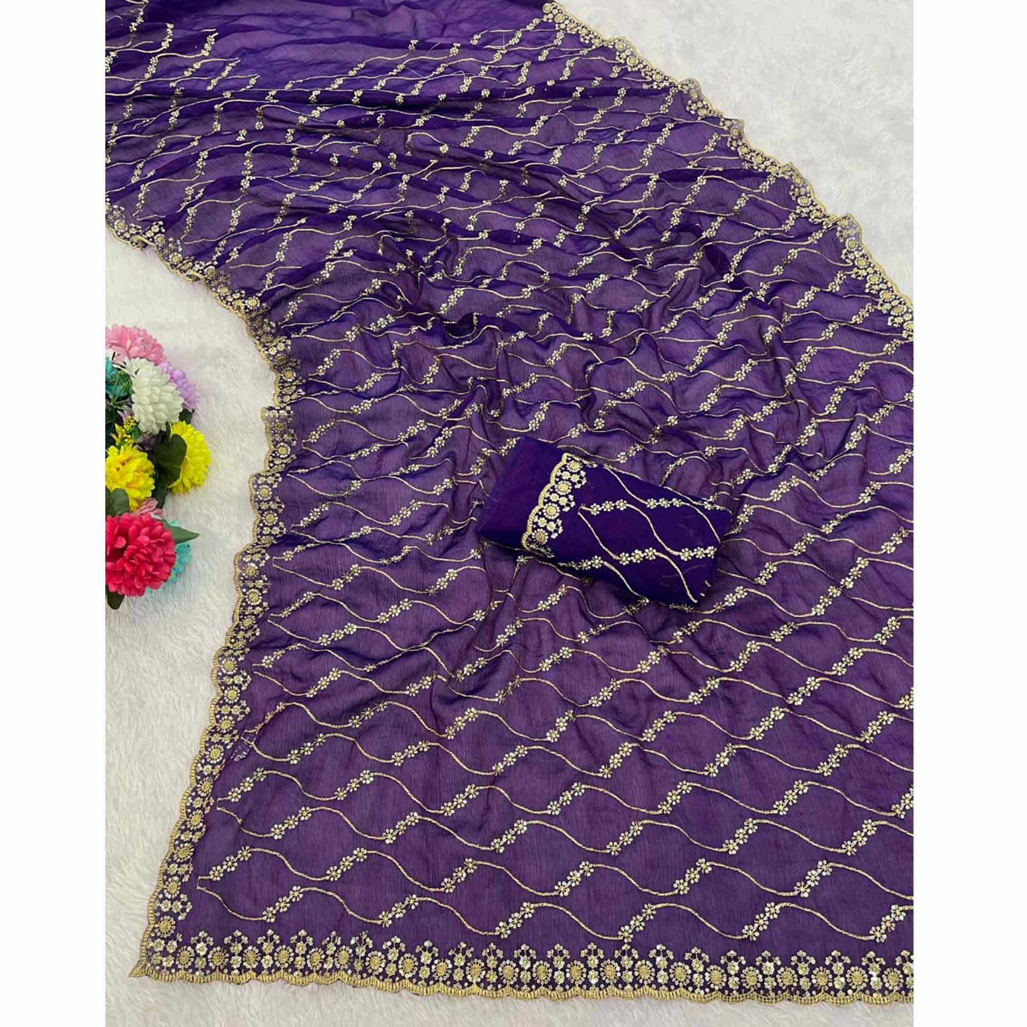 Violet Partywear Organza Chiffon Silk Saree Highlighted with Fine Sequins Detailing