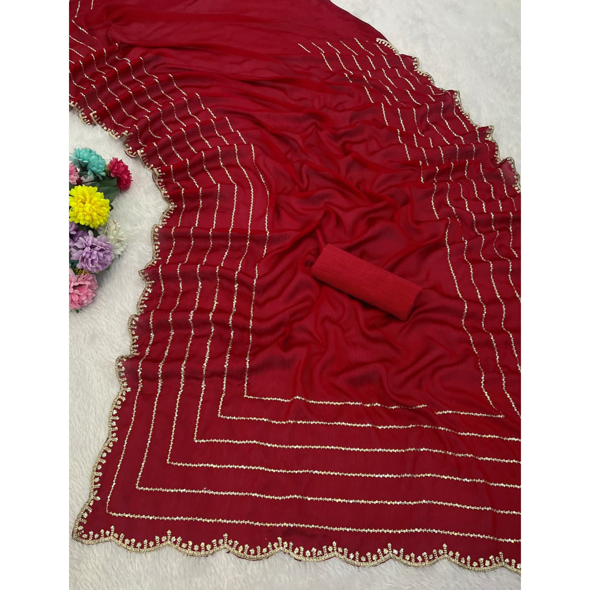 Maroon Soft Satin Chiffon Saree Embellished with Intricate Sequins Detailing