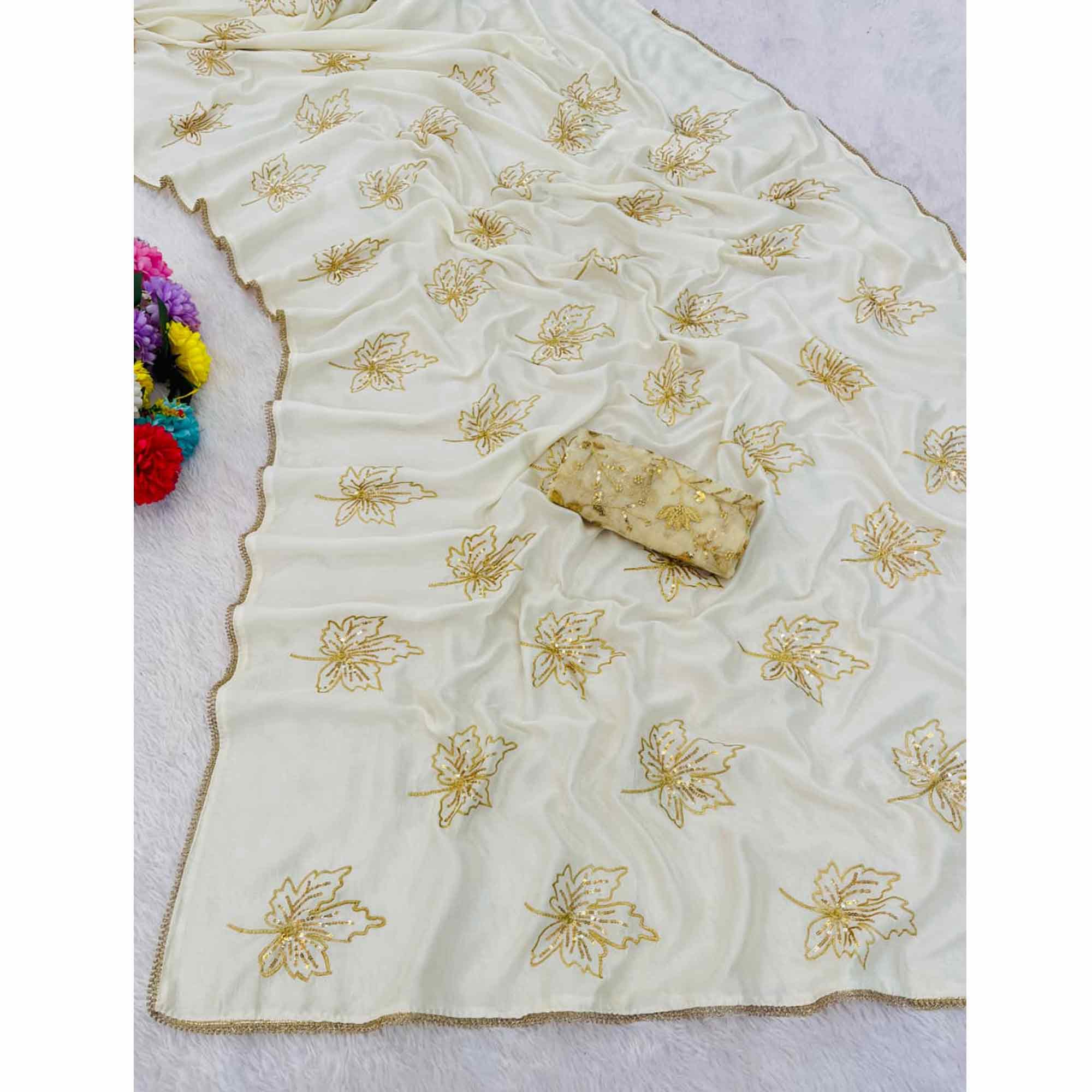 Glamorous Off White Sequin Embellished Saree in Premium Vichitra Silk