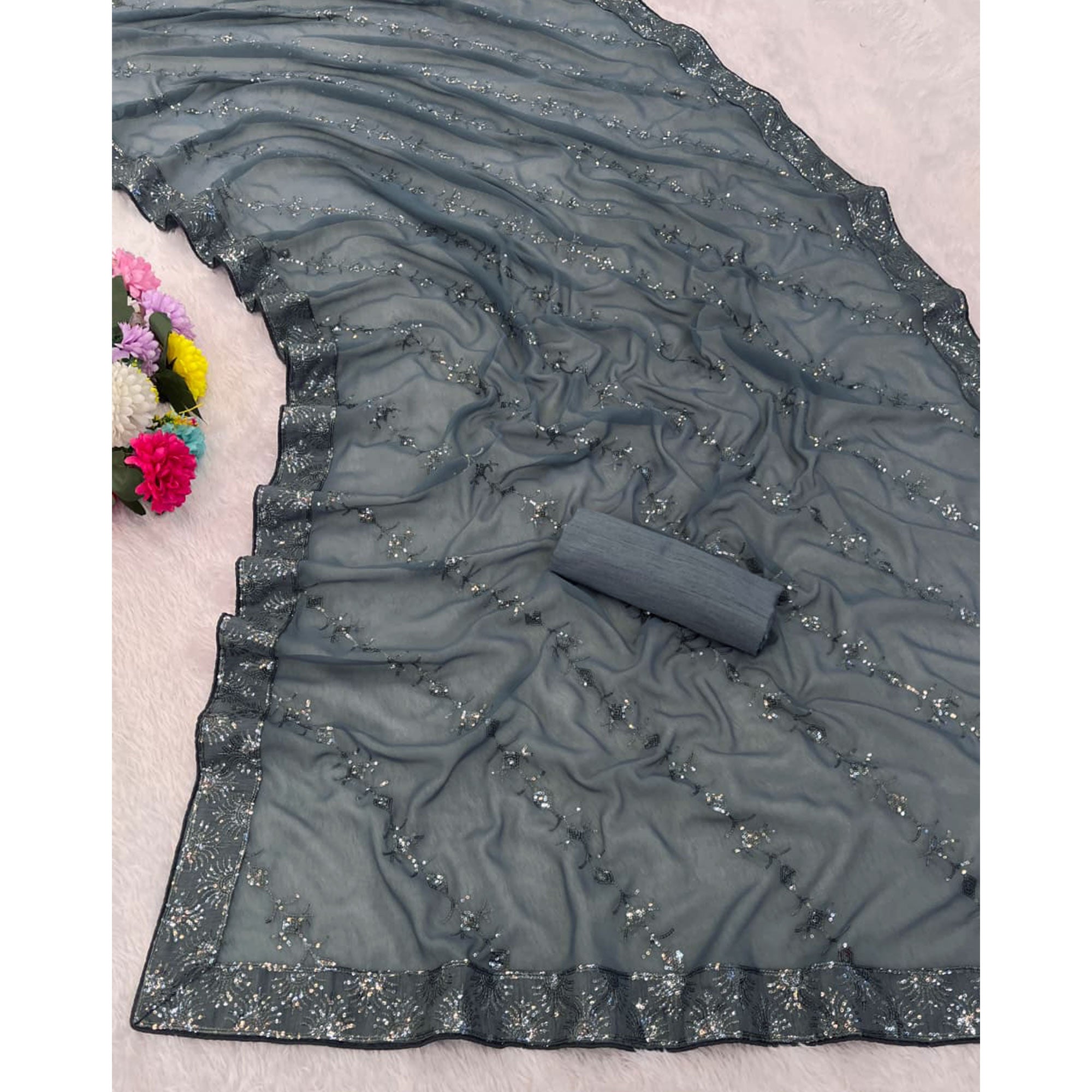 Grey Premium Vichitra Silk Saree Adorned with Shimmering Sequins Work