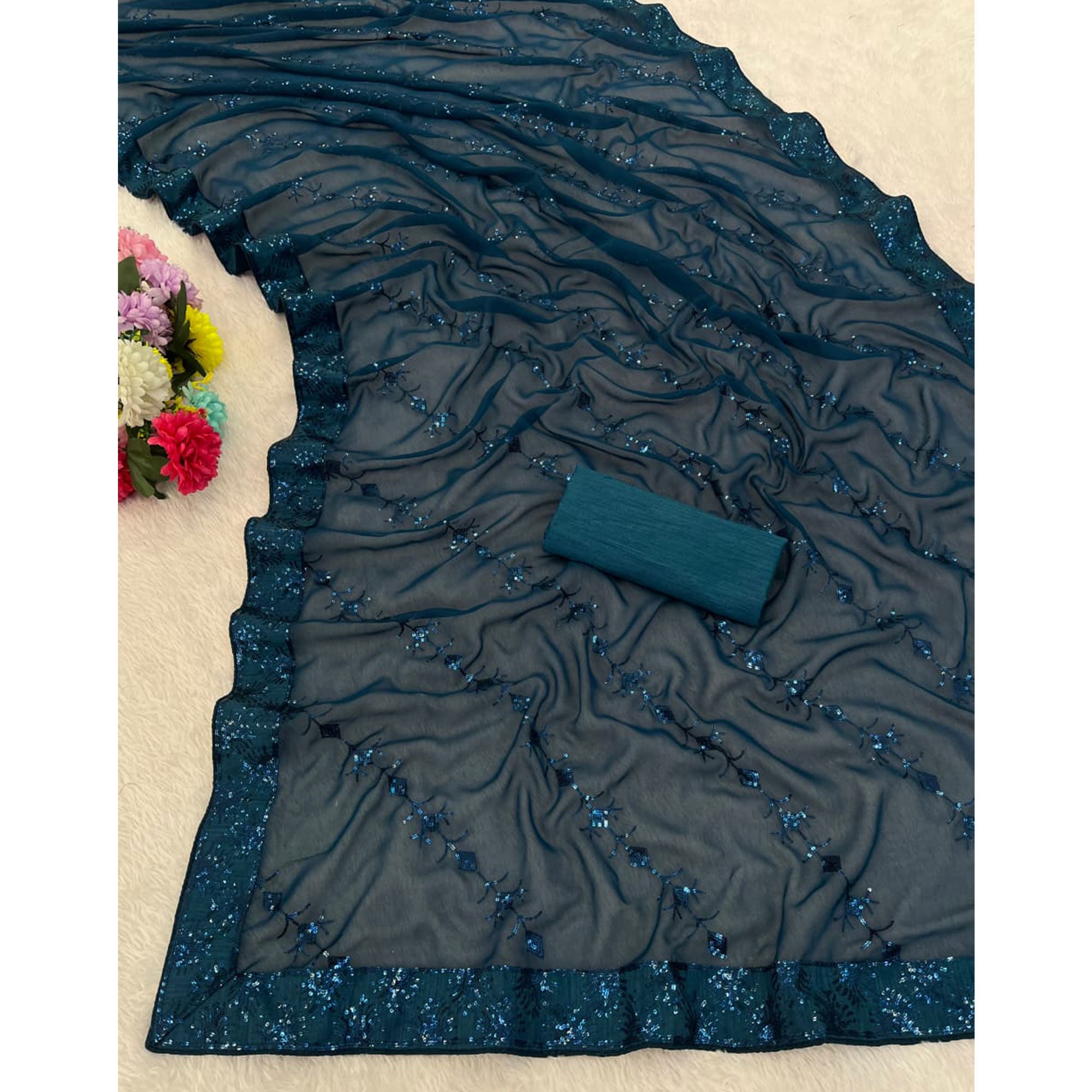 Teal Premium Vichitra Silk Saree Adorned with Shimmering Sequins Work