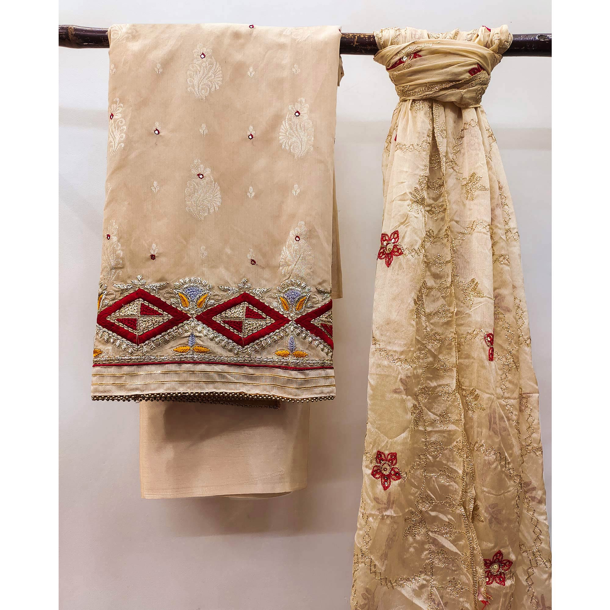 Chikoo Floral Woven Banarasi Silk Dress Material