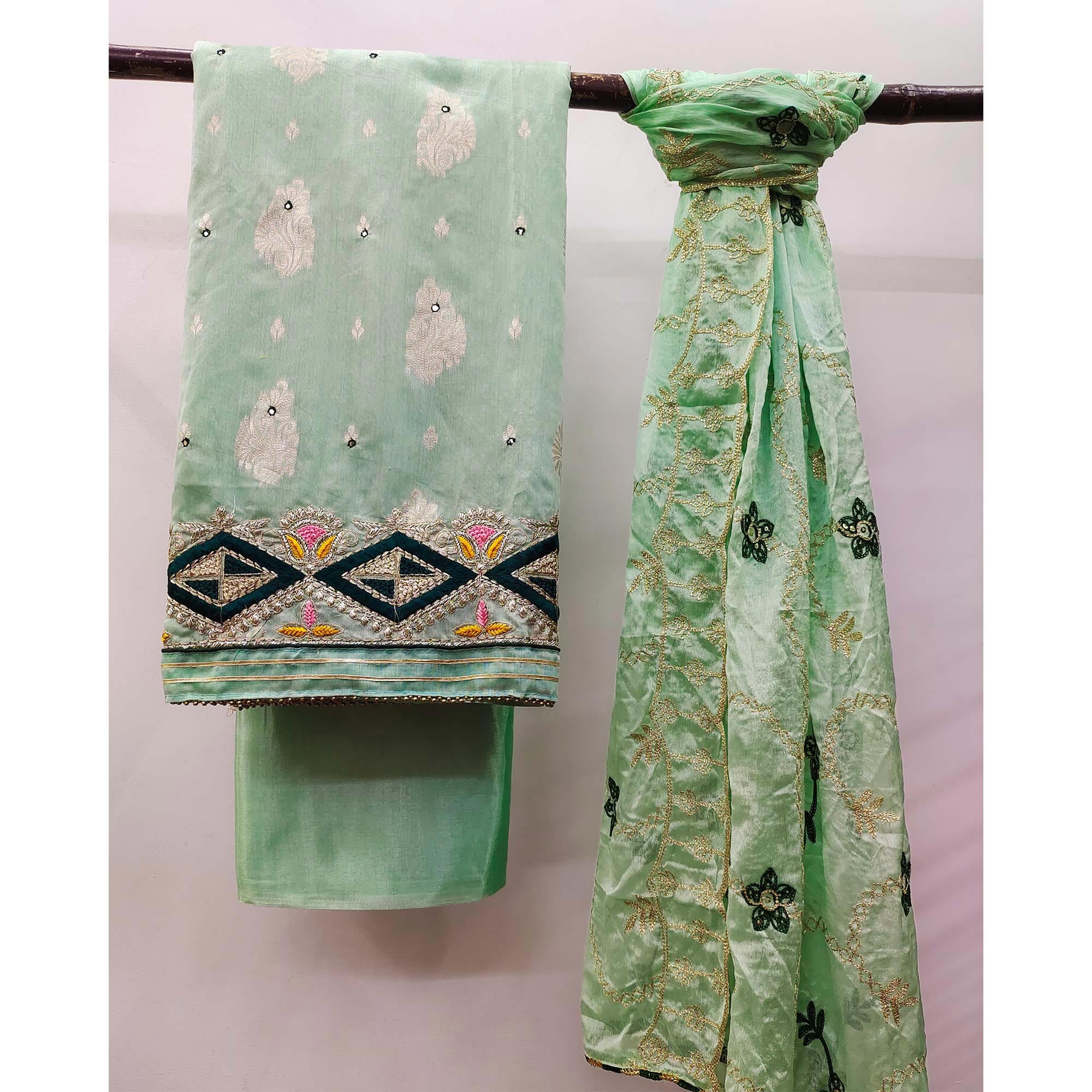 Green Floral Woven Banarasi Silk Dress Material