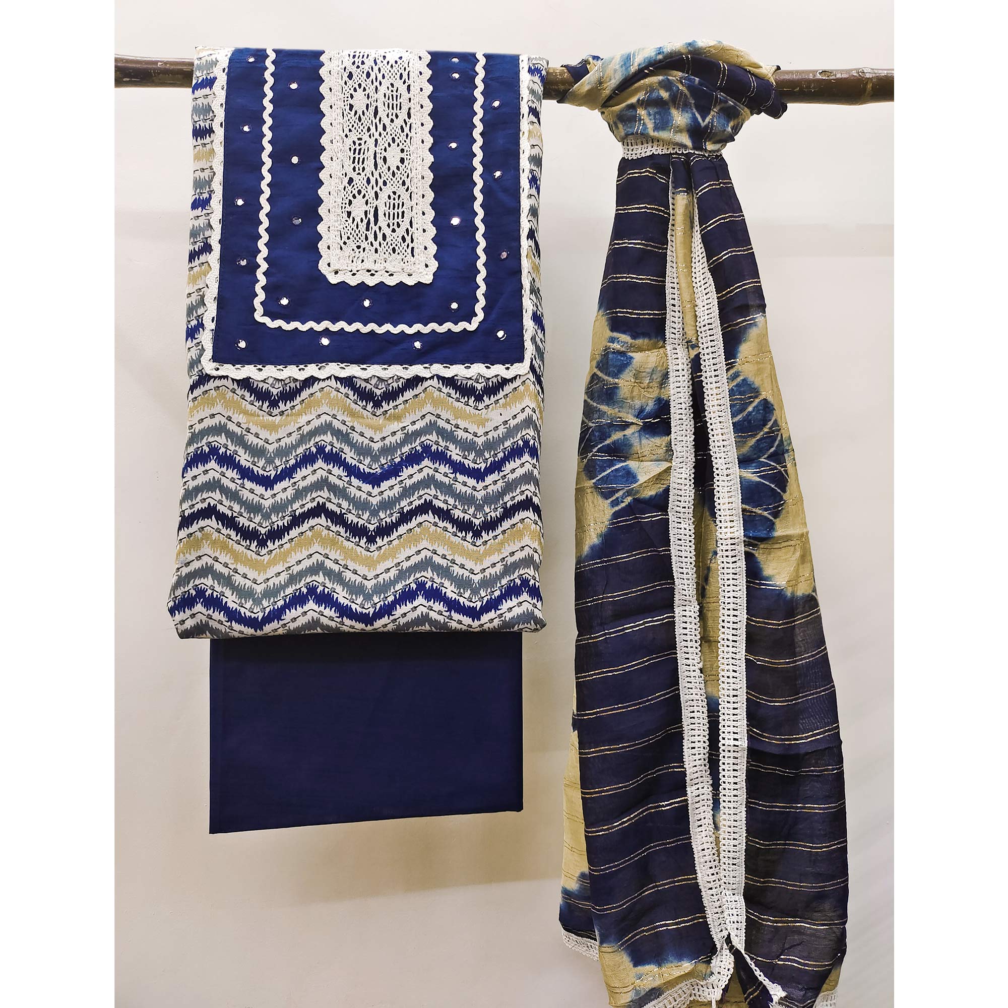 Navy Blue Printed With Embroidered Pure Cotton Dress Material