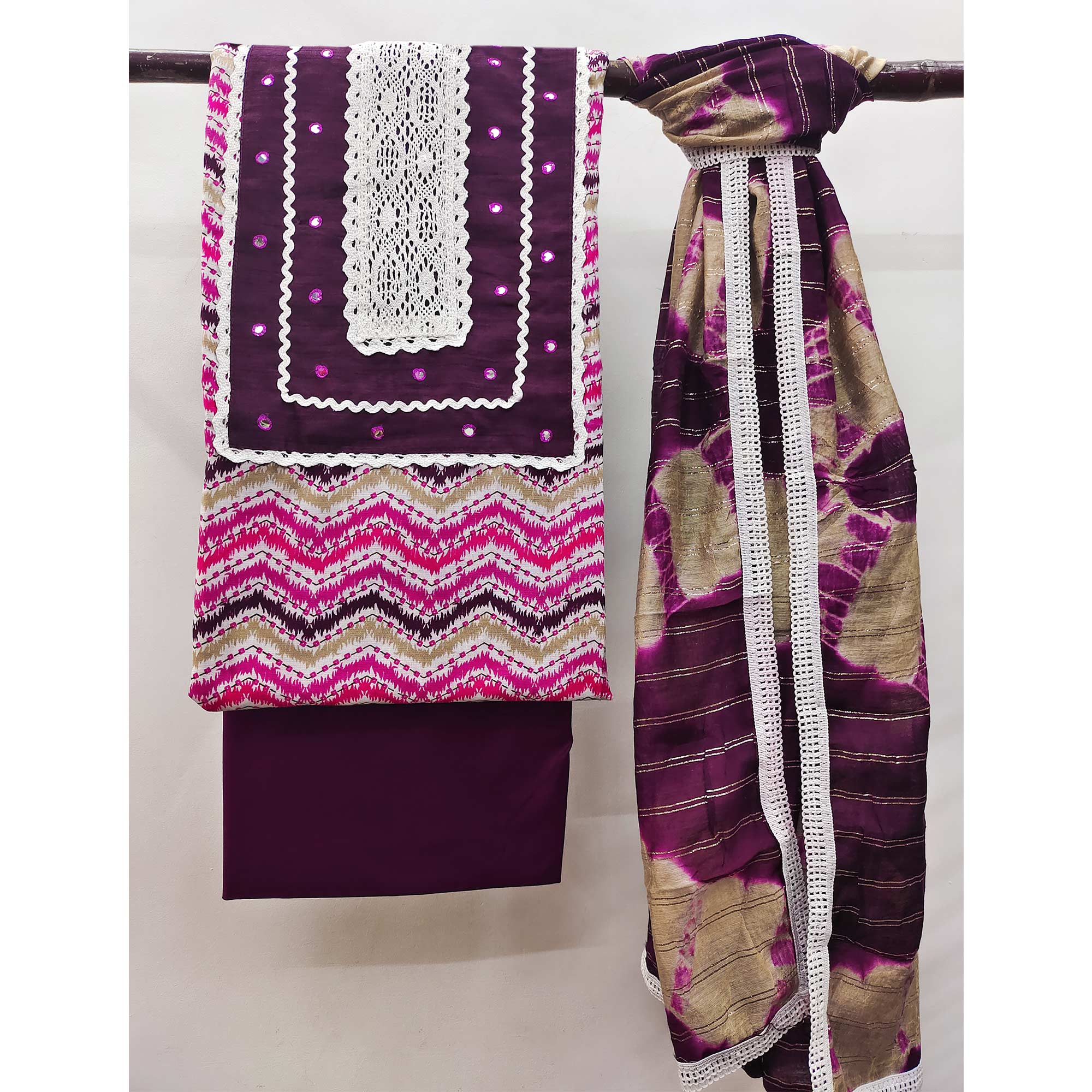 Purple Printed With Embroidered Pure Cotton Dress Material