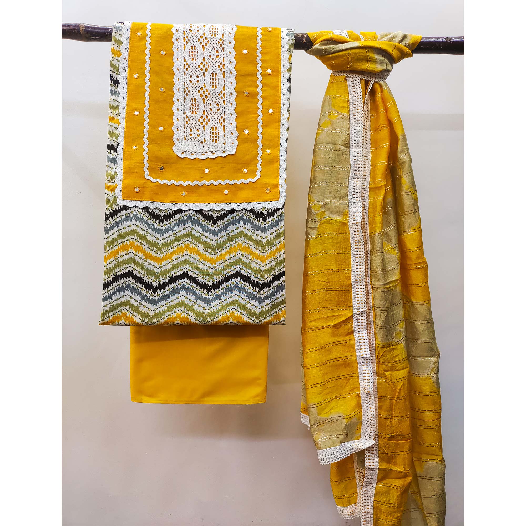 Yellow Printed With Embroidered Pure Cotton Dress Material