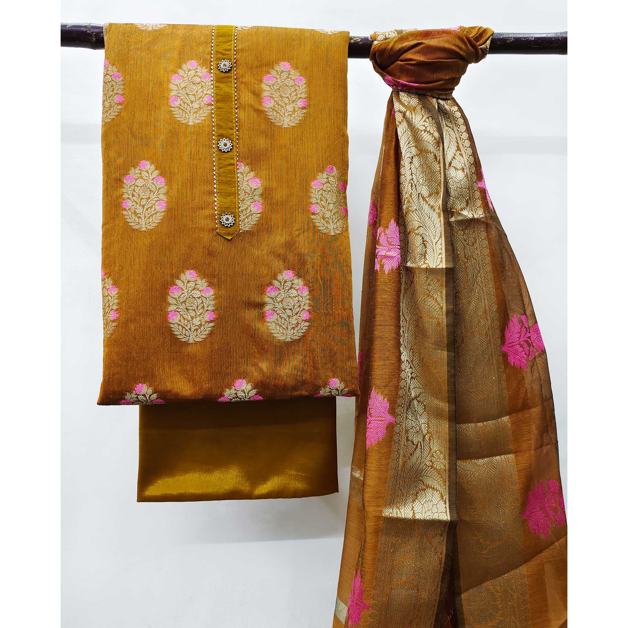Mustard Floral Woven Banarasi Silk Dress Material