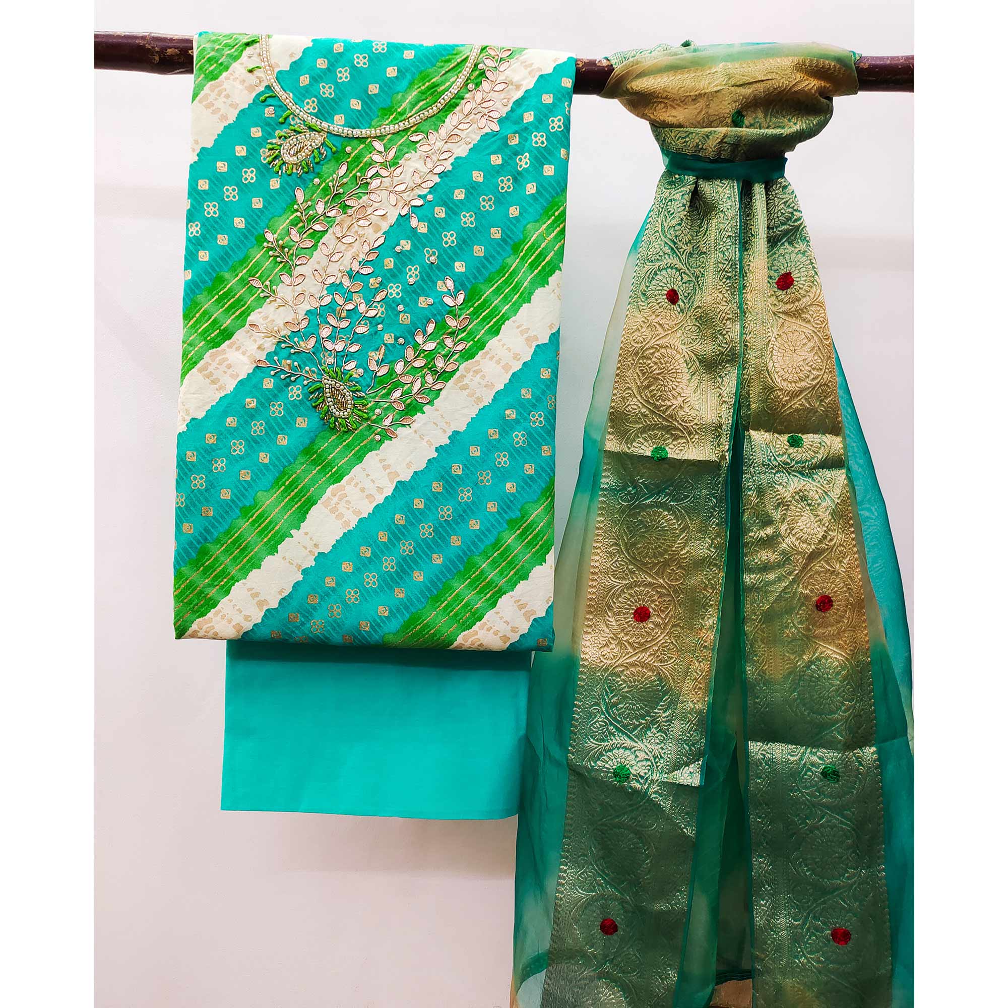 Blue Printed With Handwork Pure Cotton Dress Material