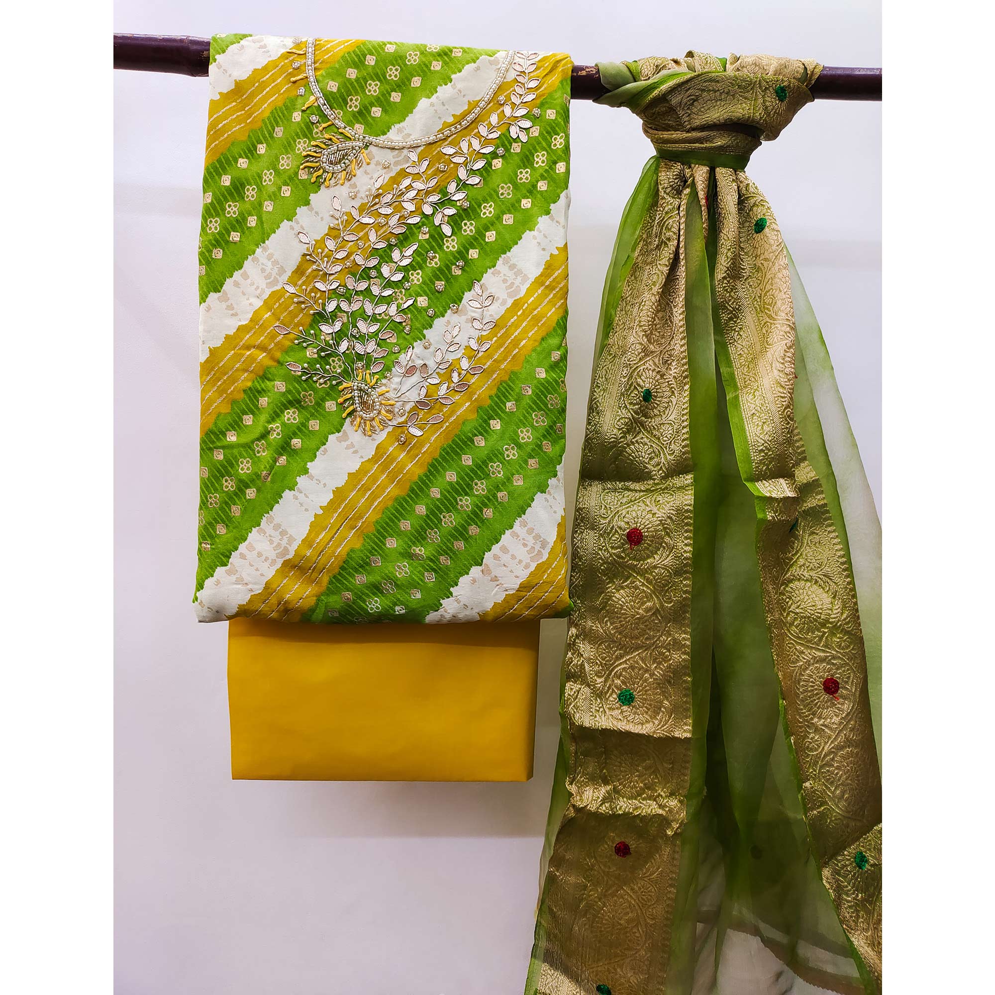 Green Printed With Handwork Pure Cotton Dress Material