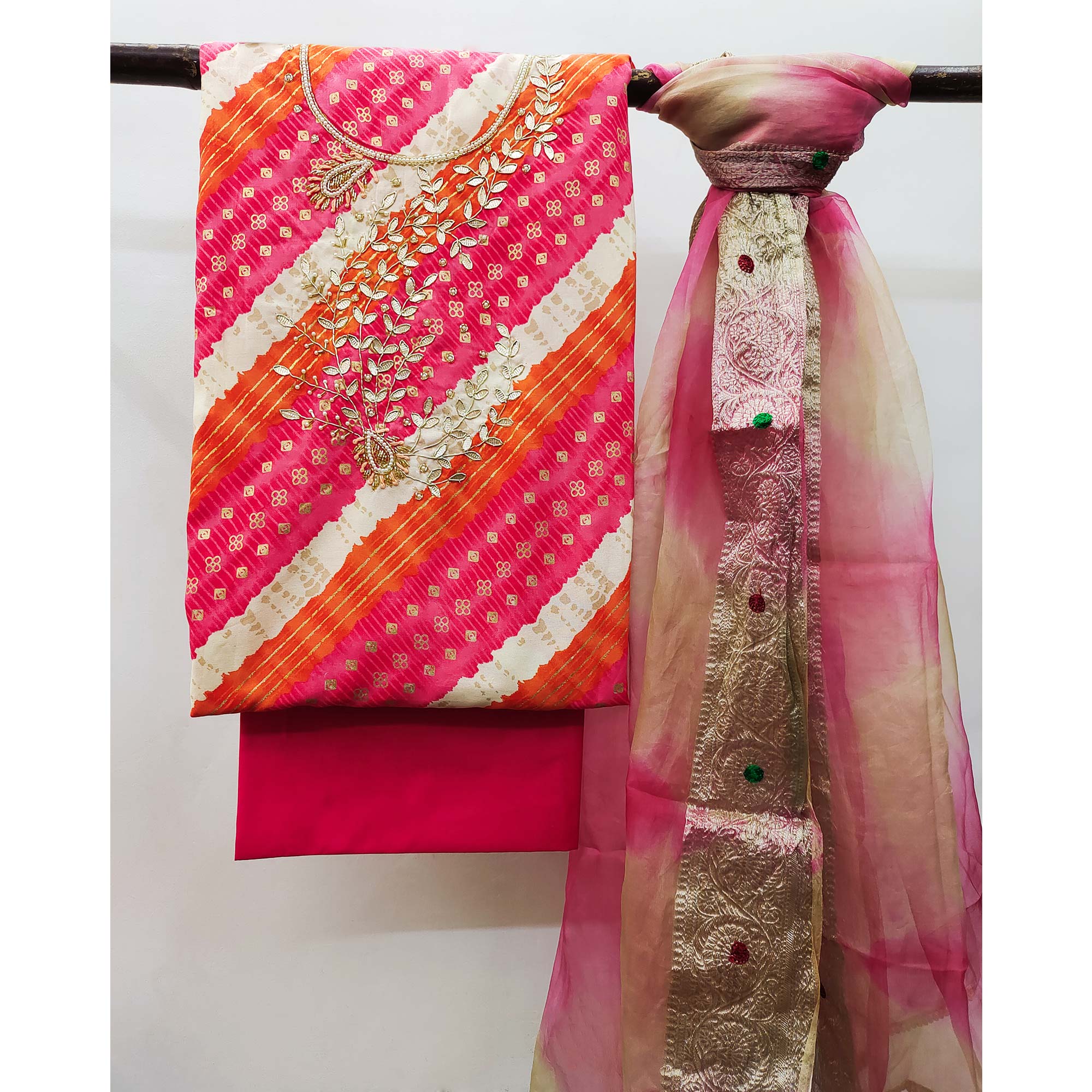 Pink Printed With Handwork Pure Cotton Dress Material