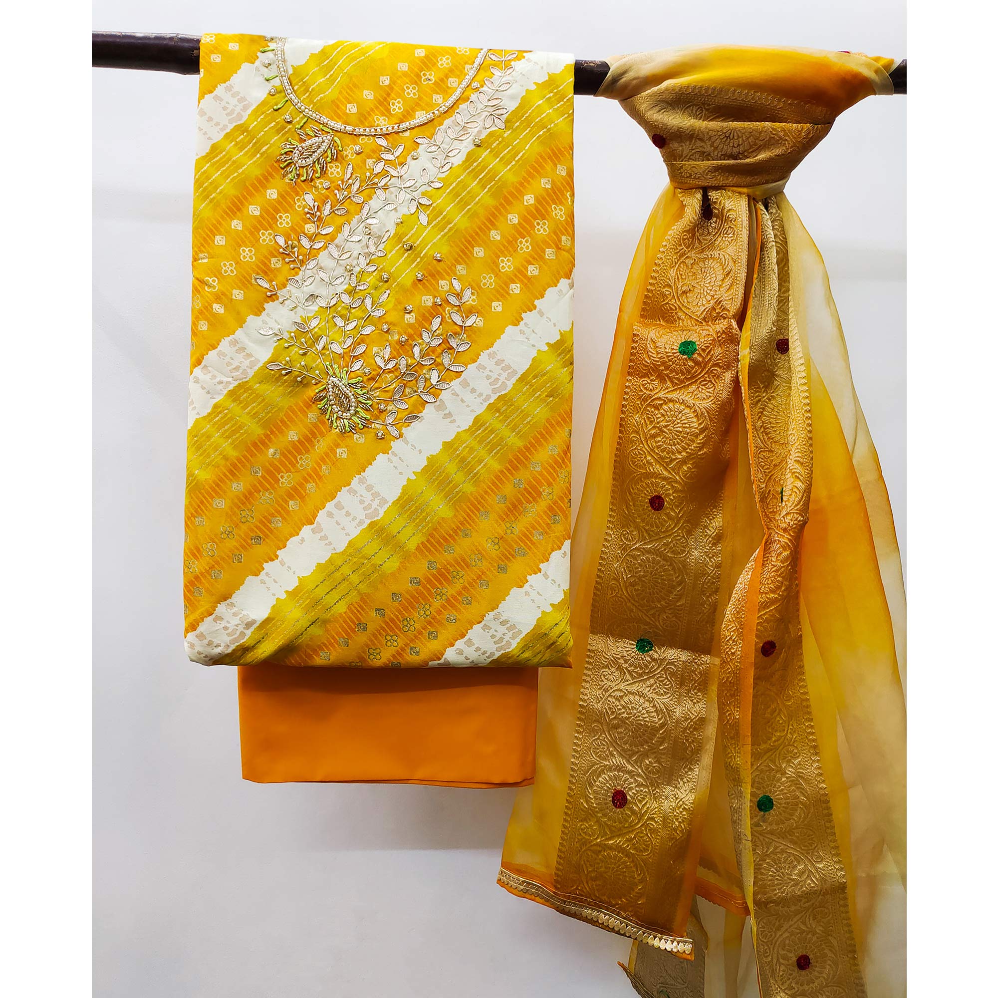 Yellow Printed With Handwork Pure Cotton Dress Material