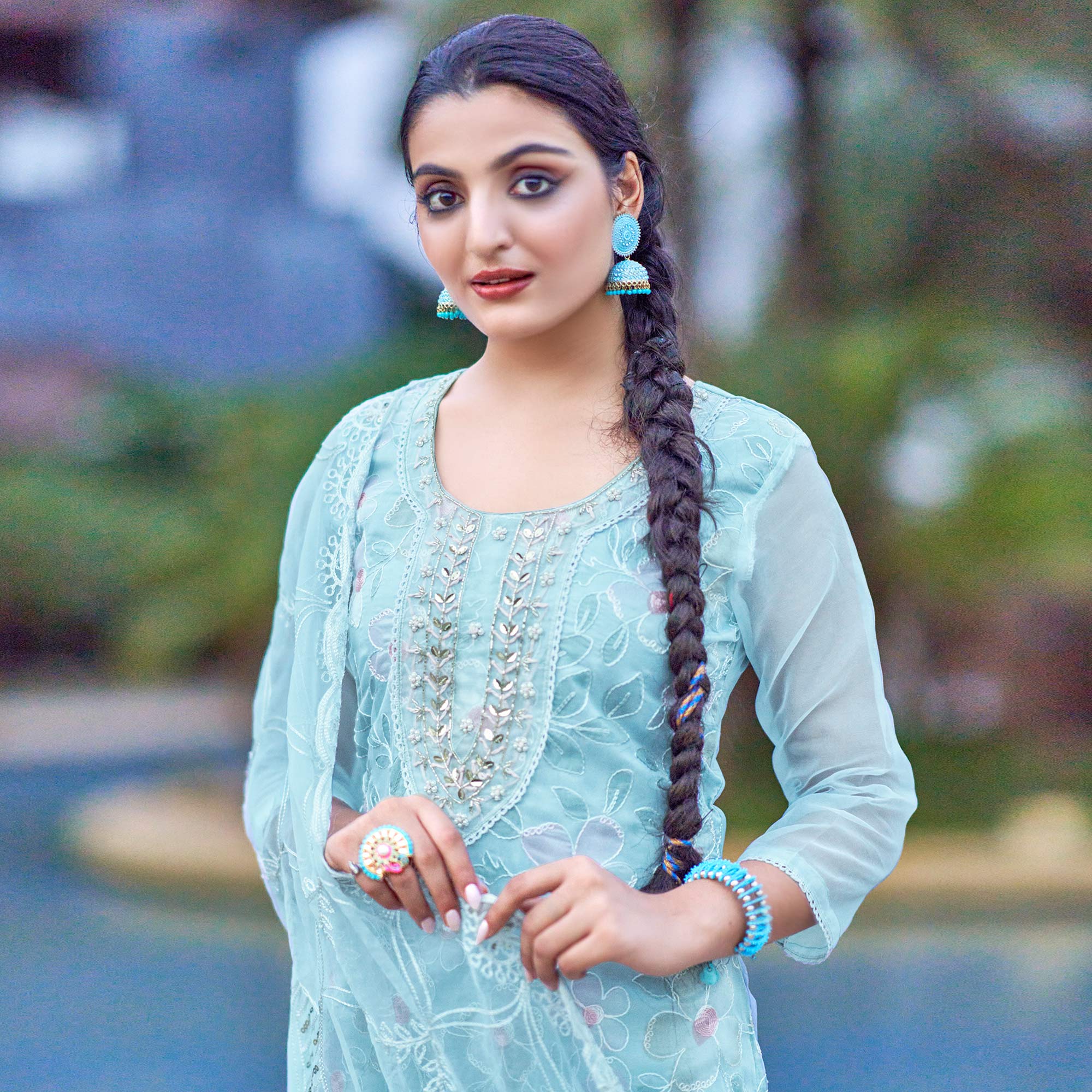 Blue Printed With Handwork Organza Salwar Suit