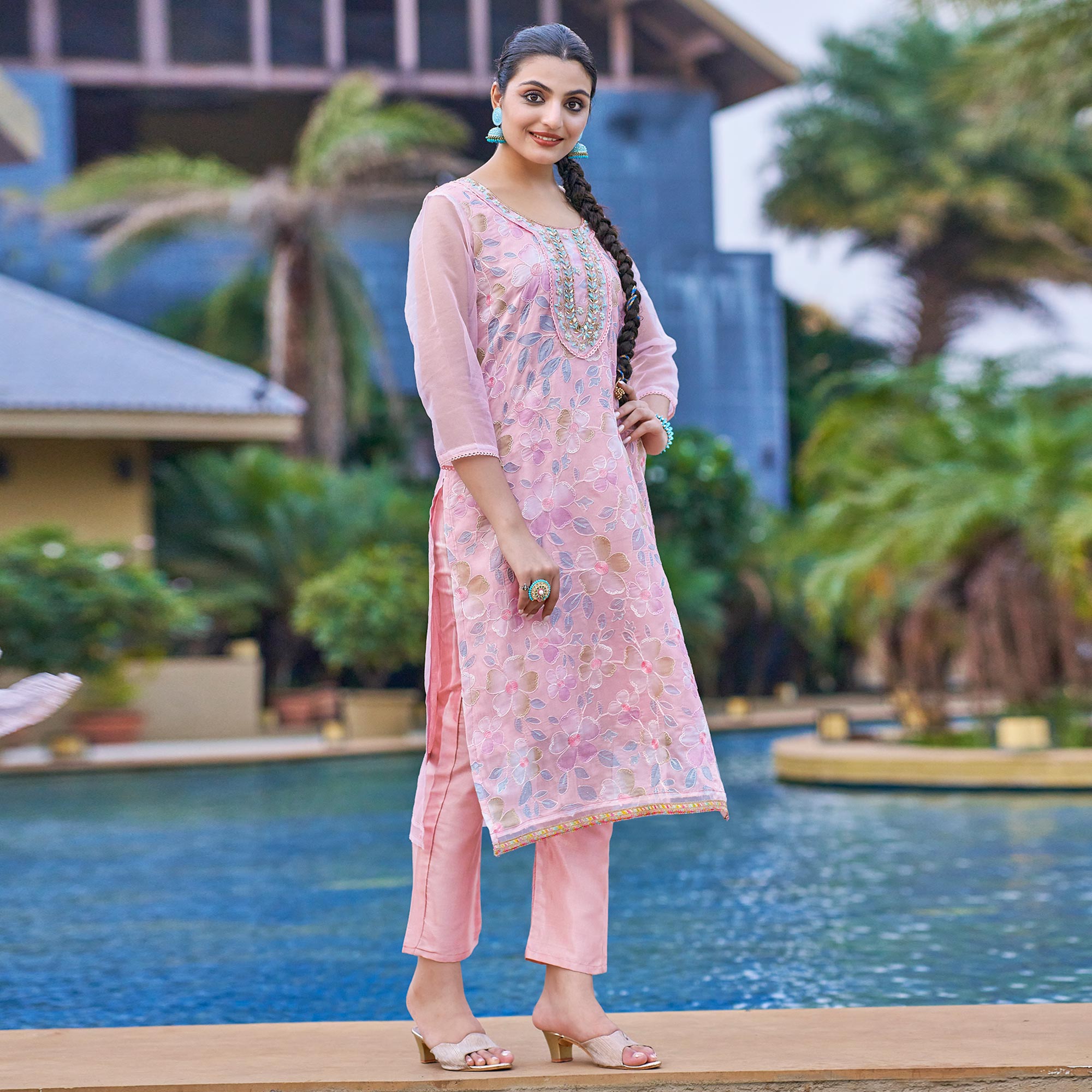 Peach Printed With Handwork Organza Dress Material
