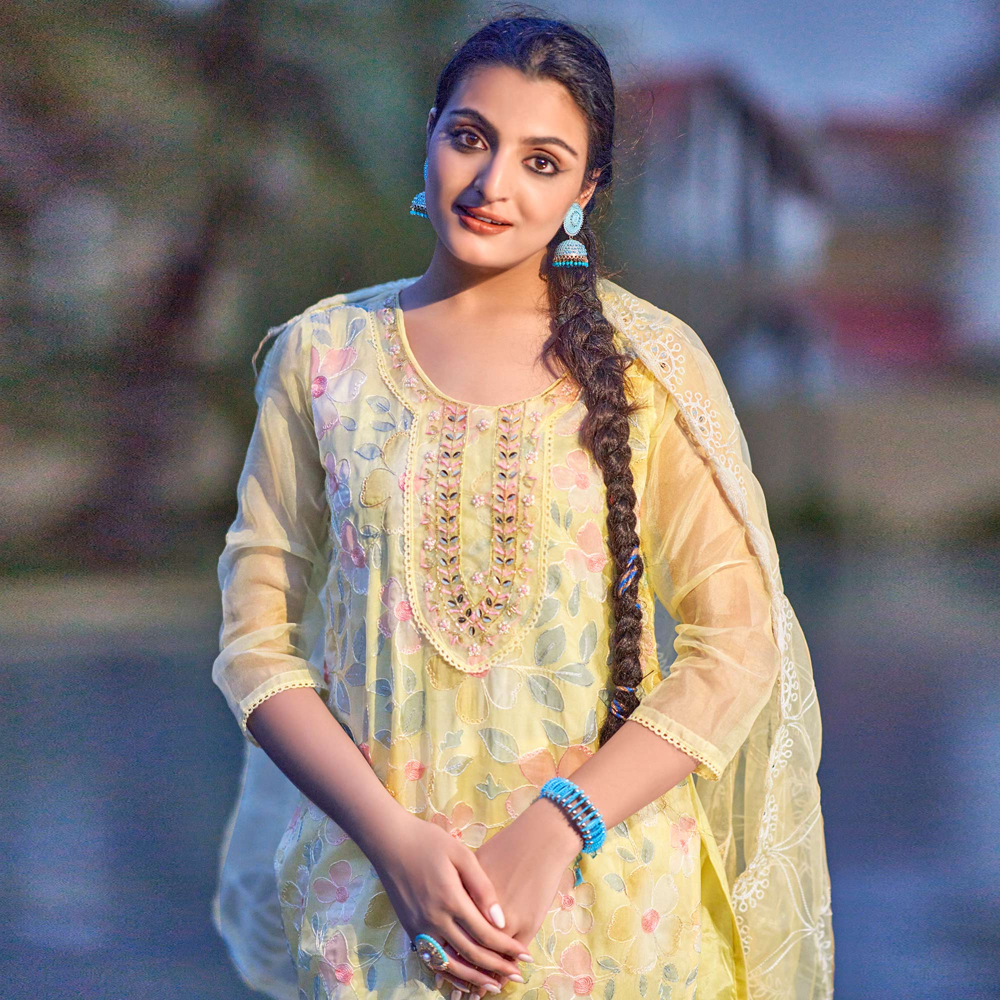 Yellow Printed With Handwork Organza Dress Material