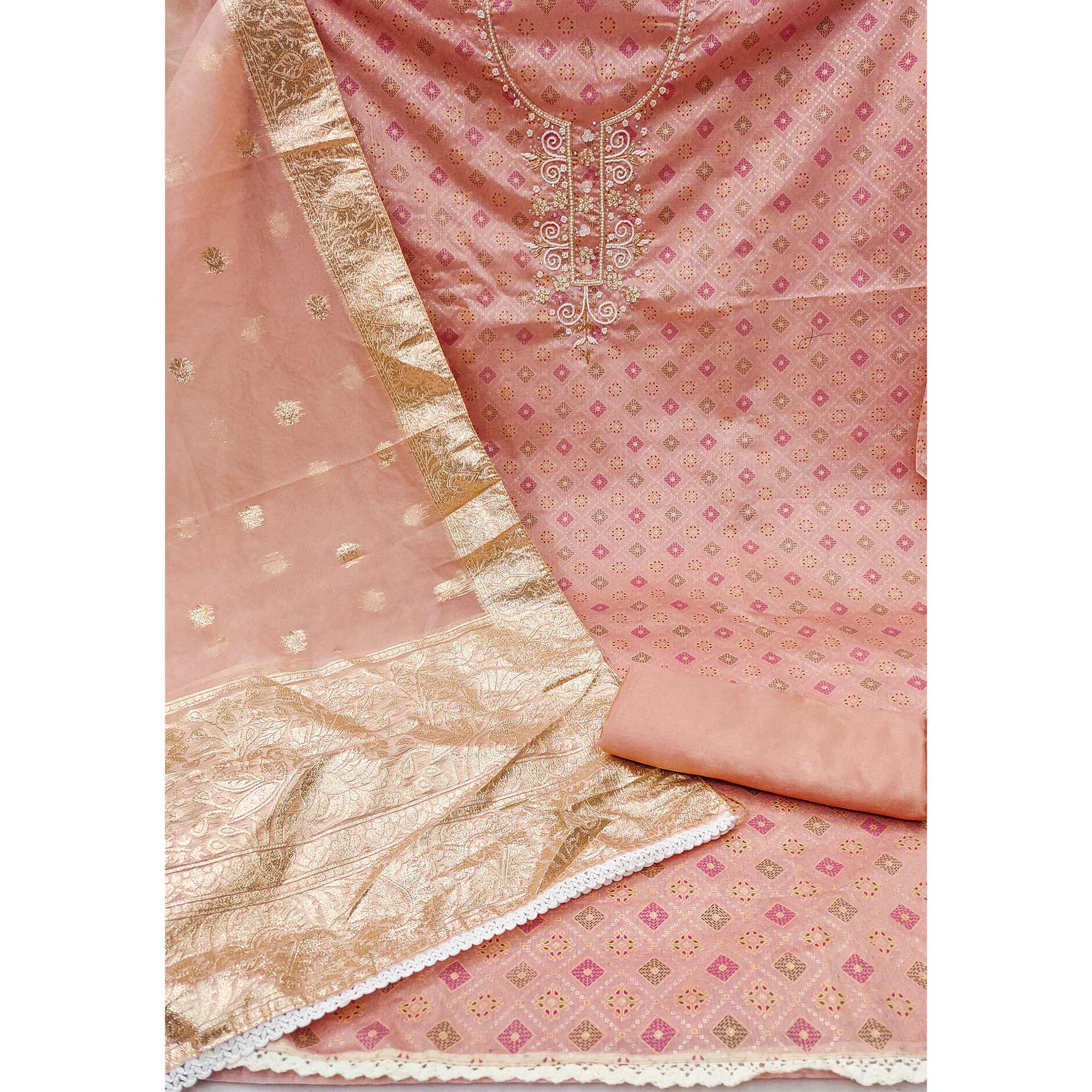 Peach Printed With Hand Embroidered Muslin Dress Material