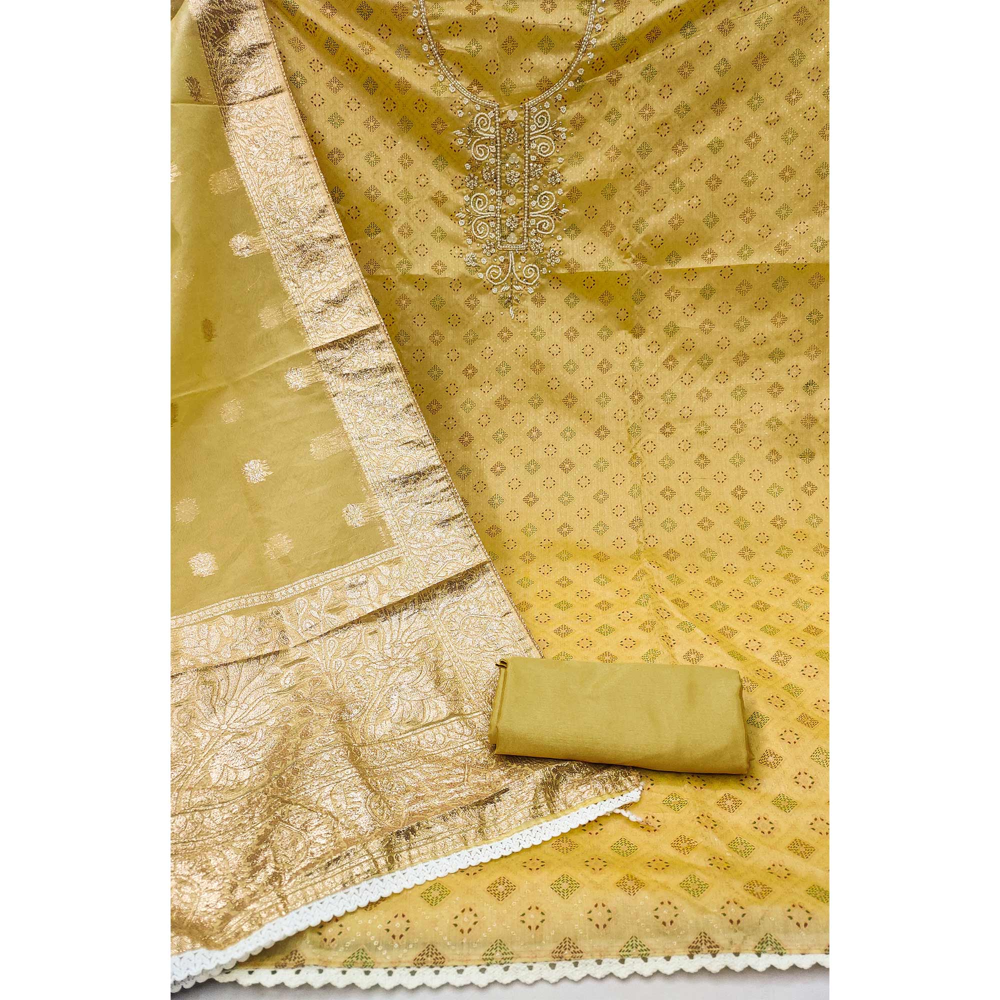 Yellow Printed With Hand Embroidered Muslin Dress Material