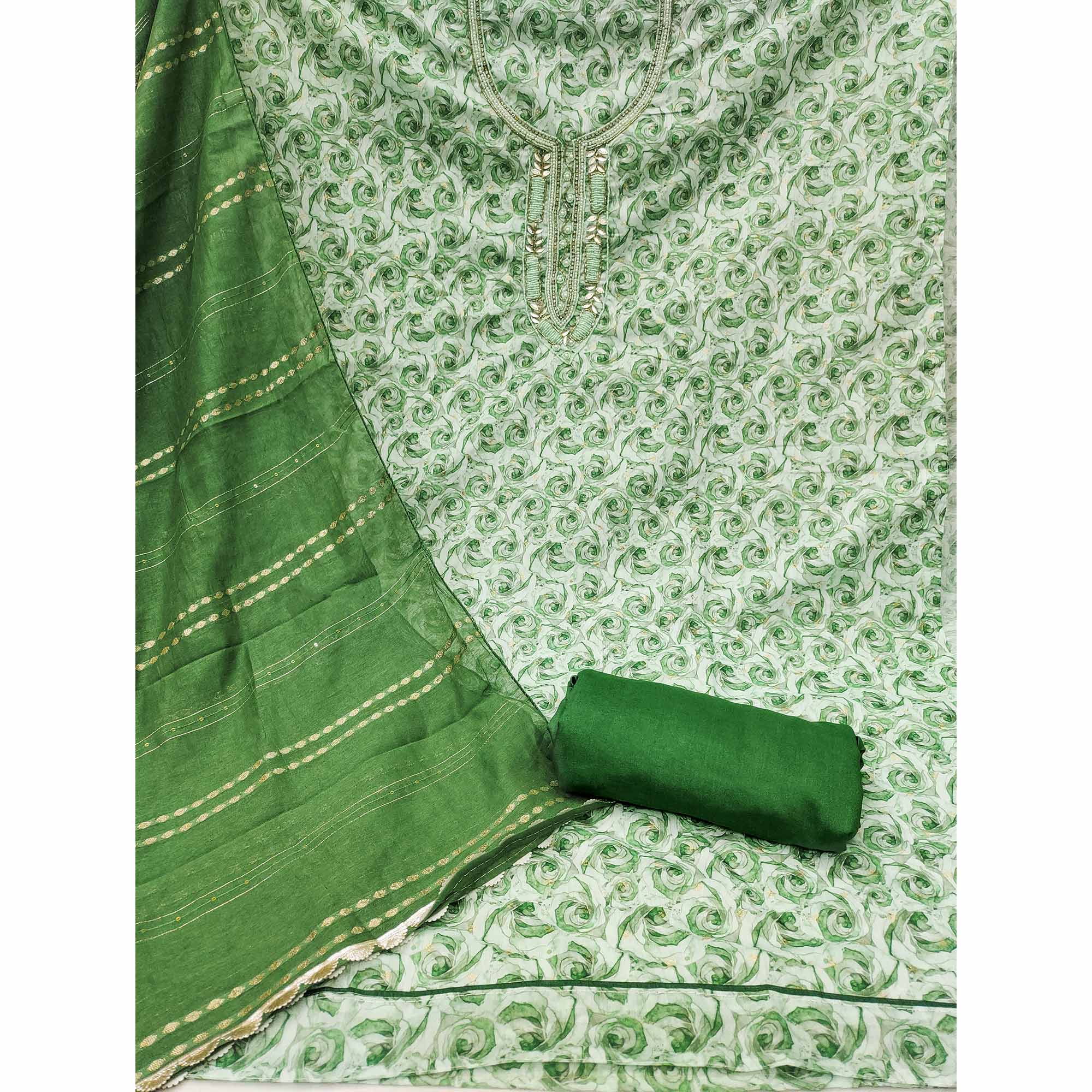 Green Digital Printed With Hand Embroidered Muslin Dress Material