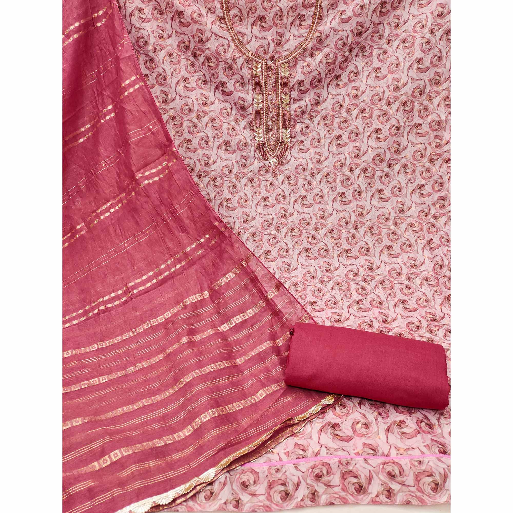 Pink Digital Printed With Hand Embroidered Muslin Dress Material