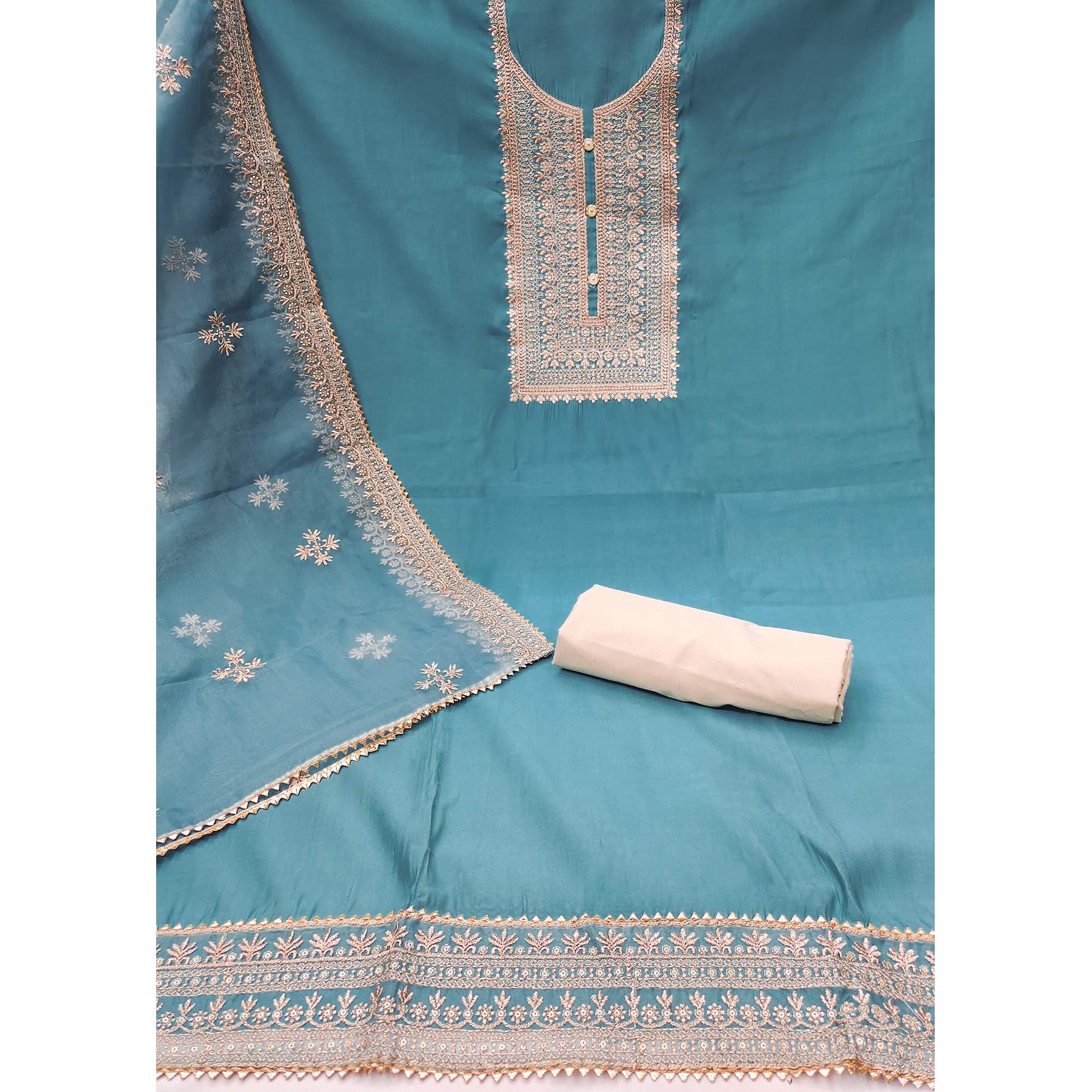 Blue Floral Embroidered Cotton Silk Dress Material