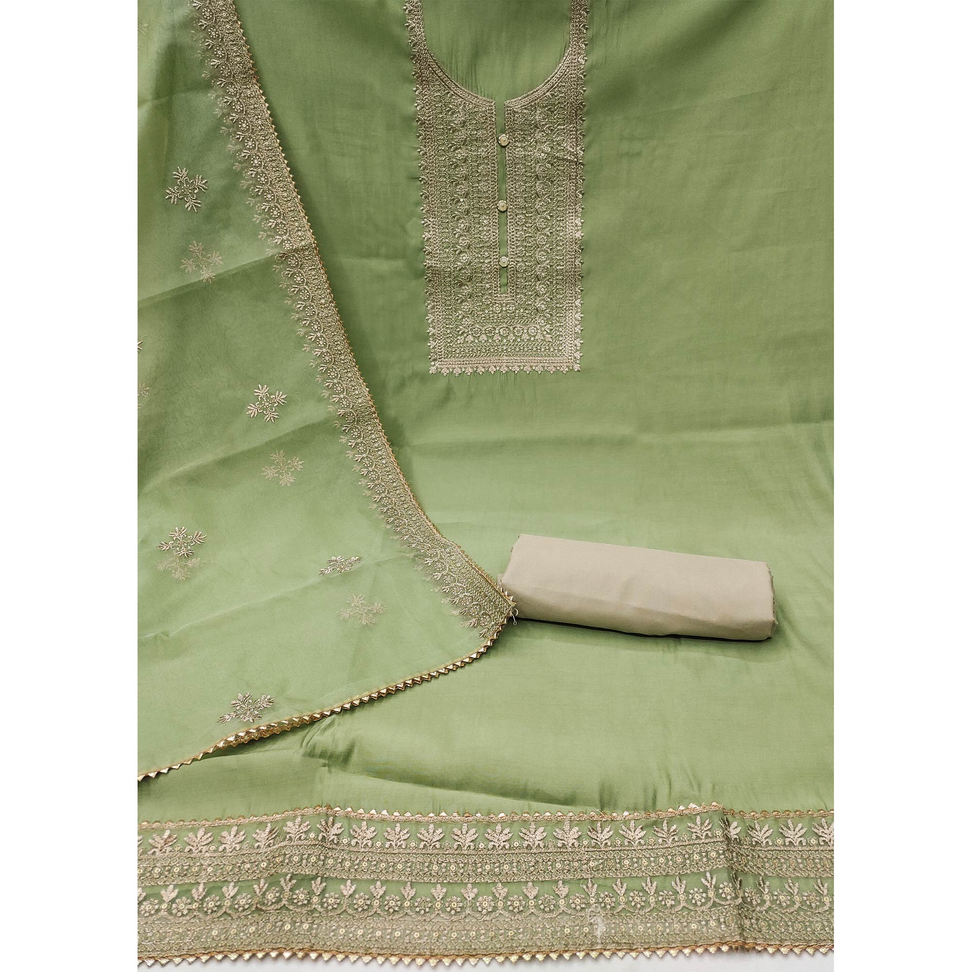 Green Floral Embroidered Cotton Silk Dress Material