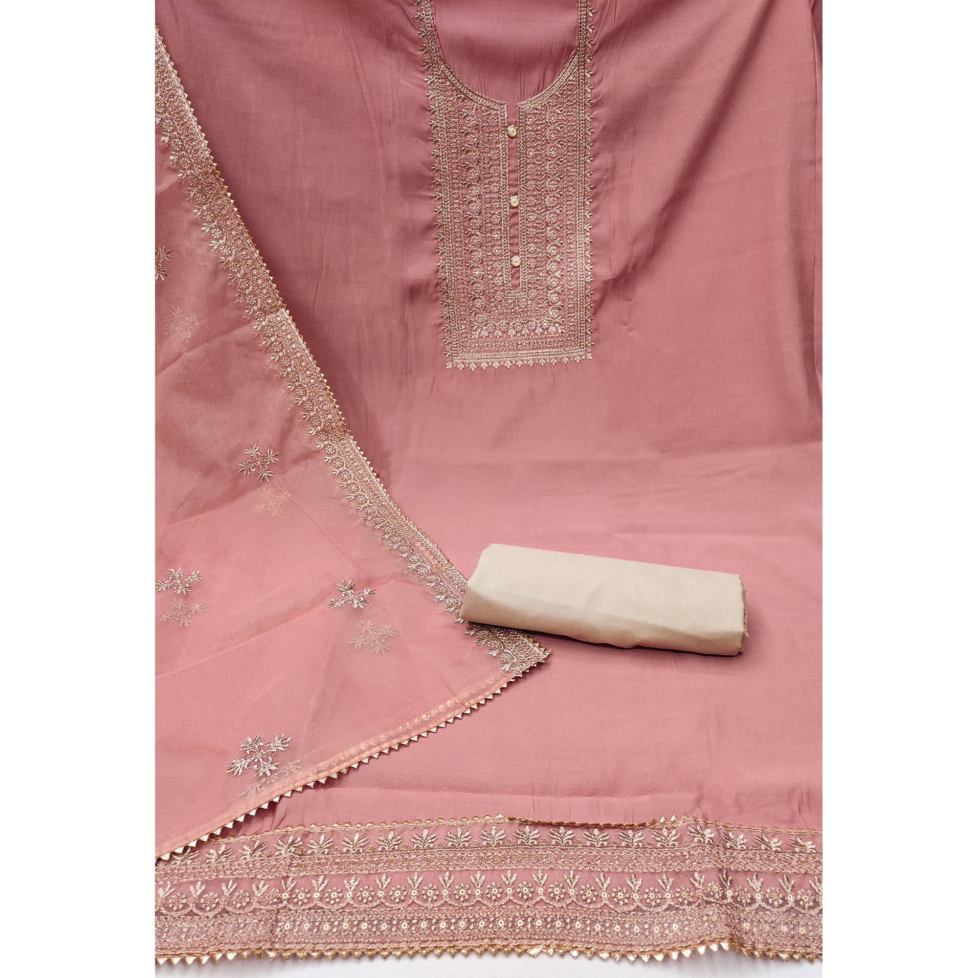 Peach Floral Embroidered Cotton Silk Dress Material