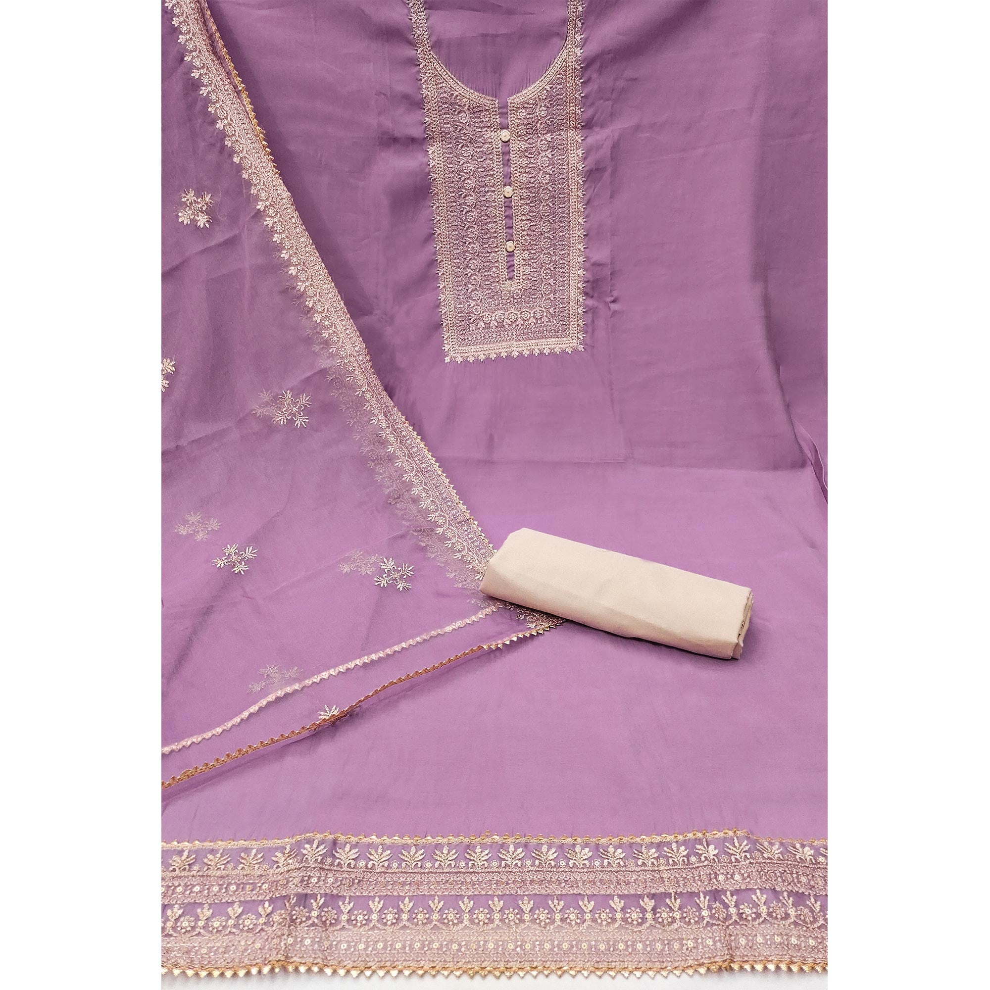 Purple Floral Embroidered Cotton Silk Dress Material