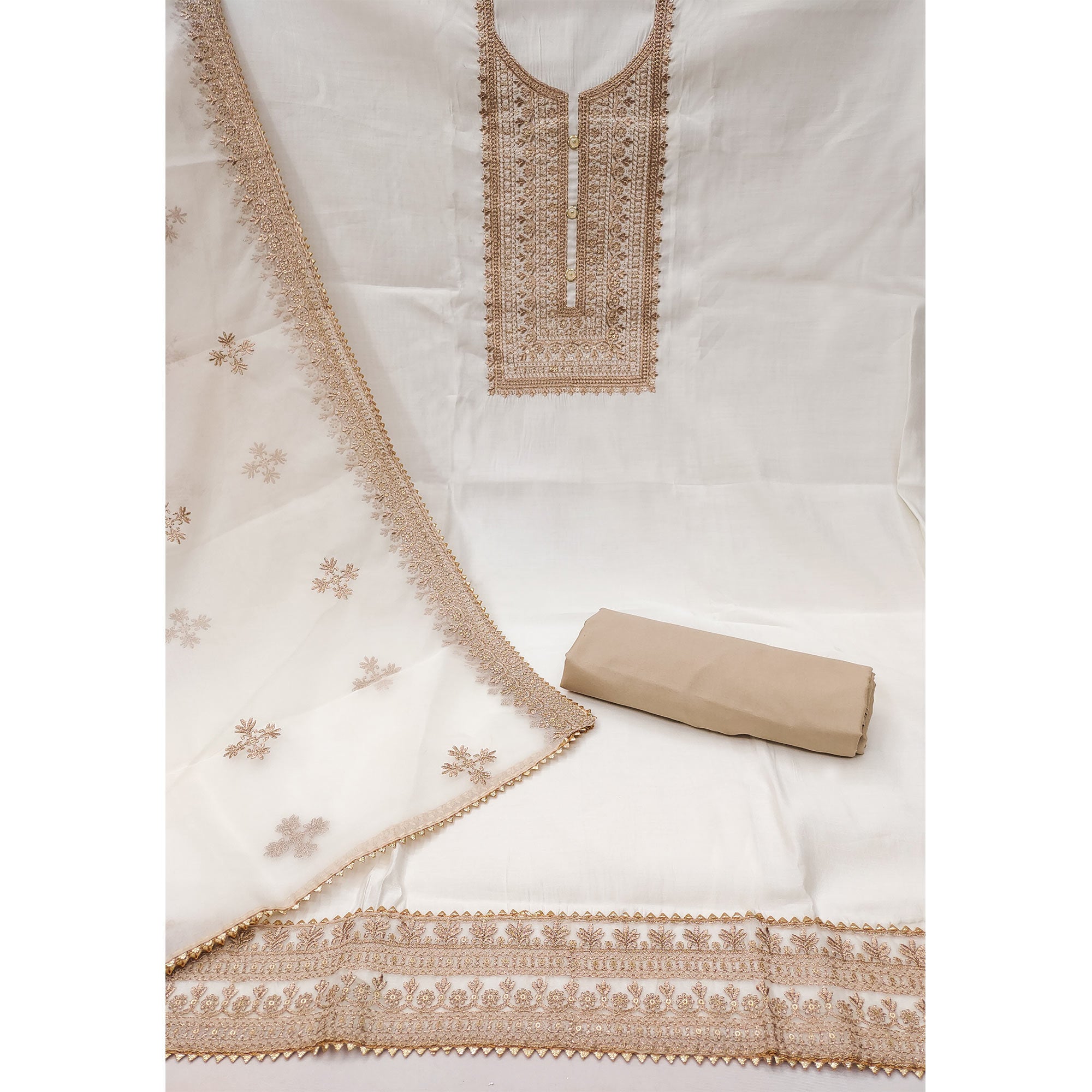 White Floral Embroidered Cotton Silk Dress Material