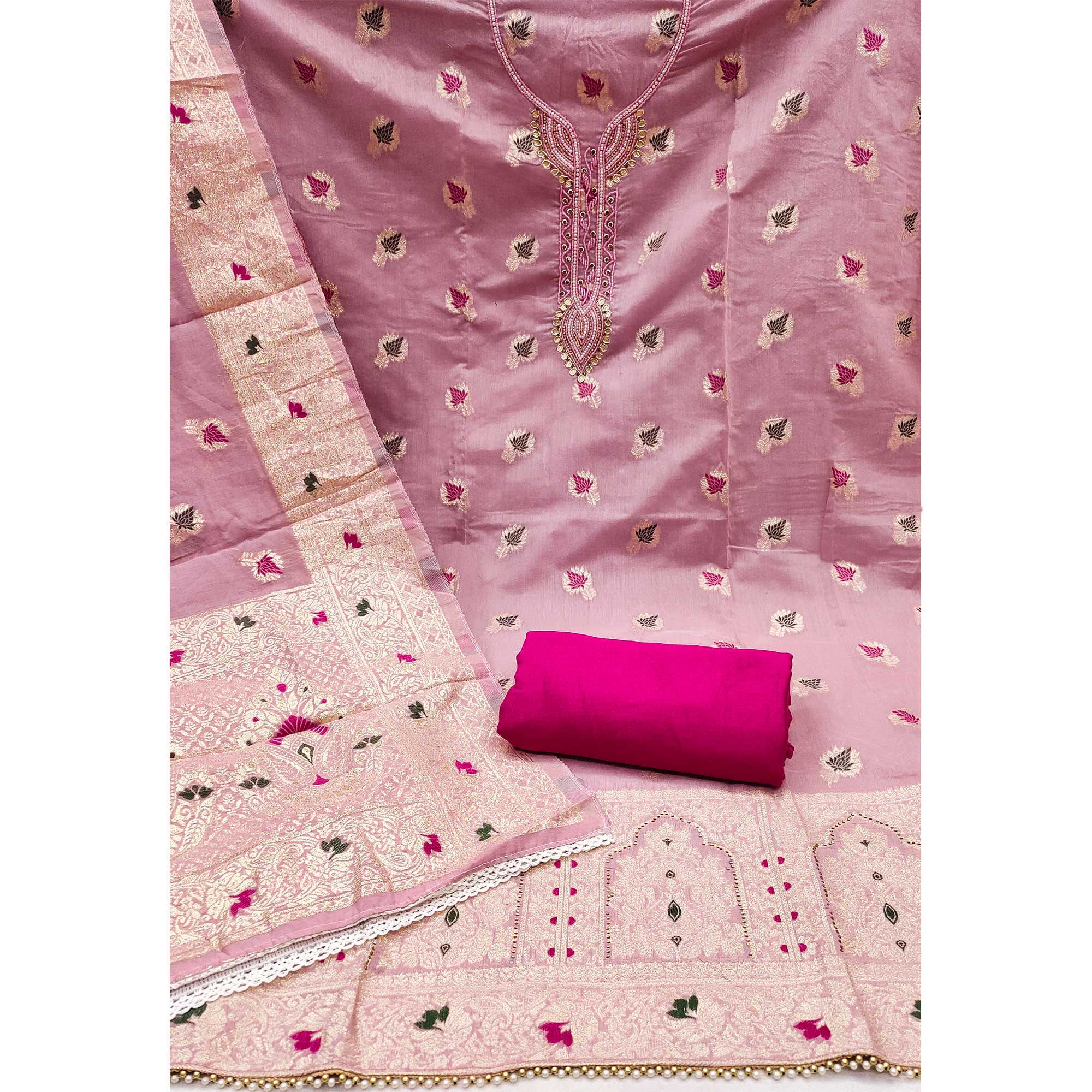 Pink Woven With Handwork Muslin Dress Material