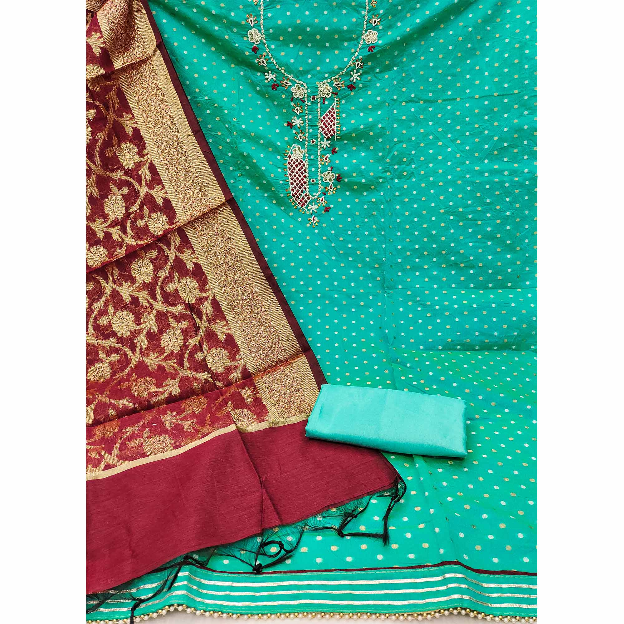 Turquoise Woven With Hand Embroidery Chanderi Dress Material