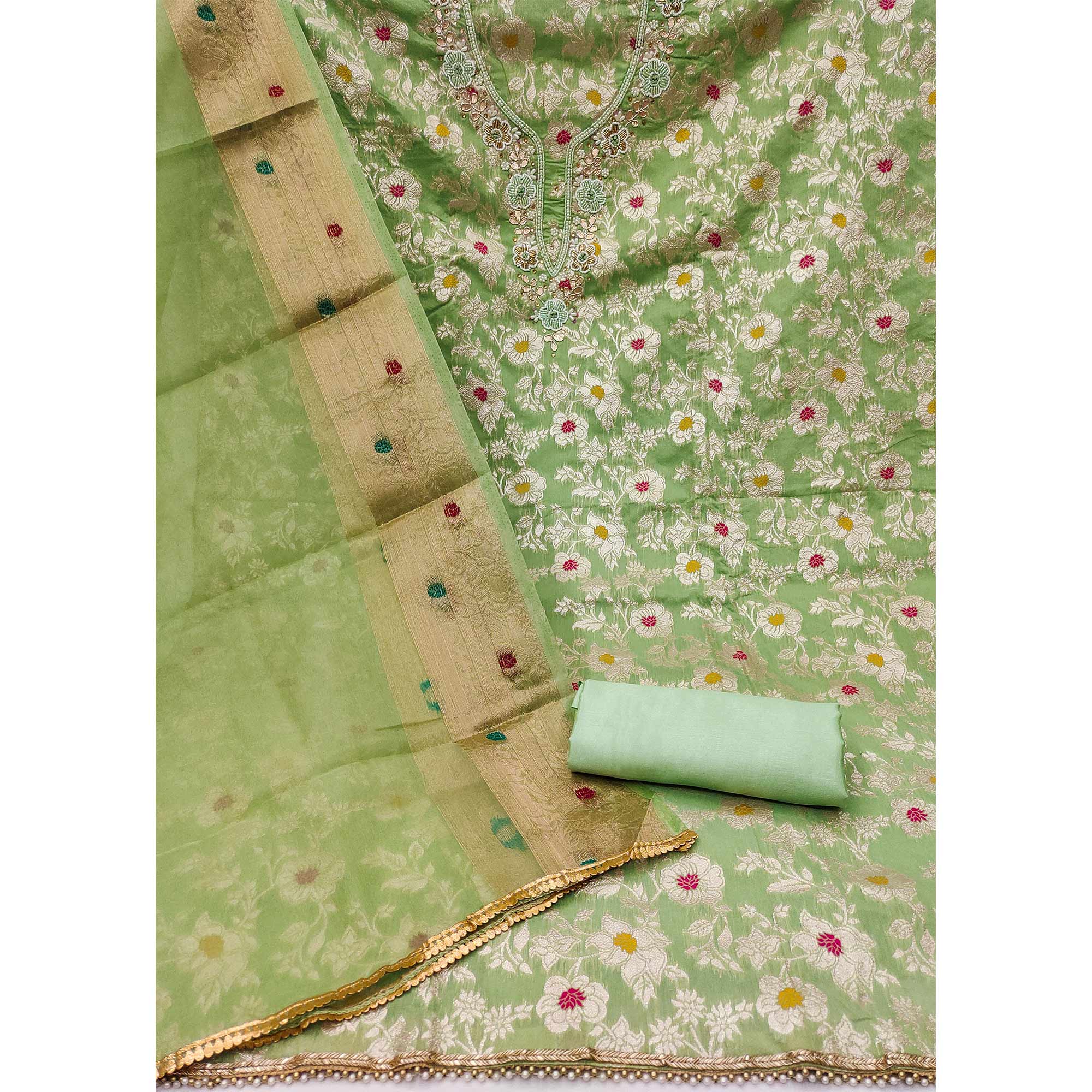 Green Floral Woven With Hand Embroidery Muslin Dress Material