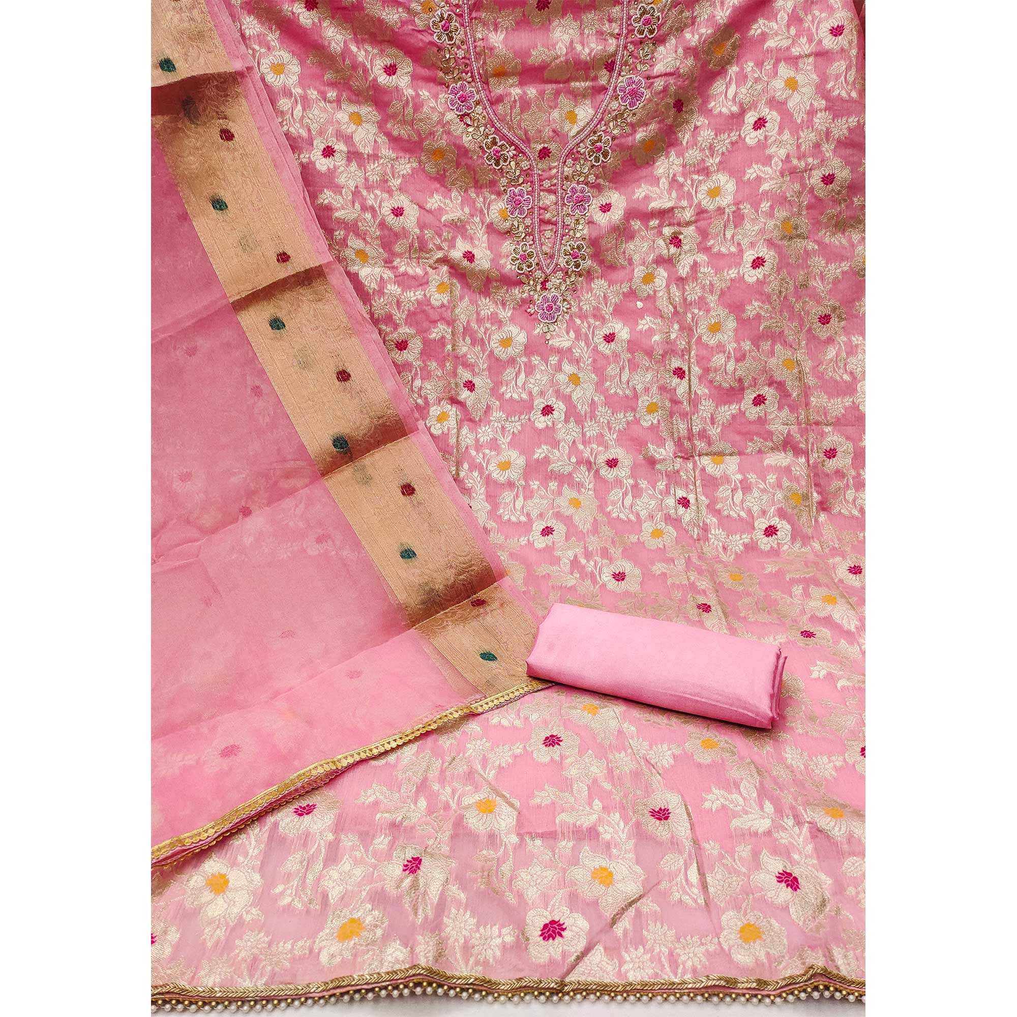 Pink Floral Woven With Hand Embroidery Muslin Dress Material