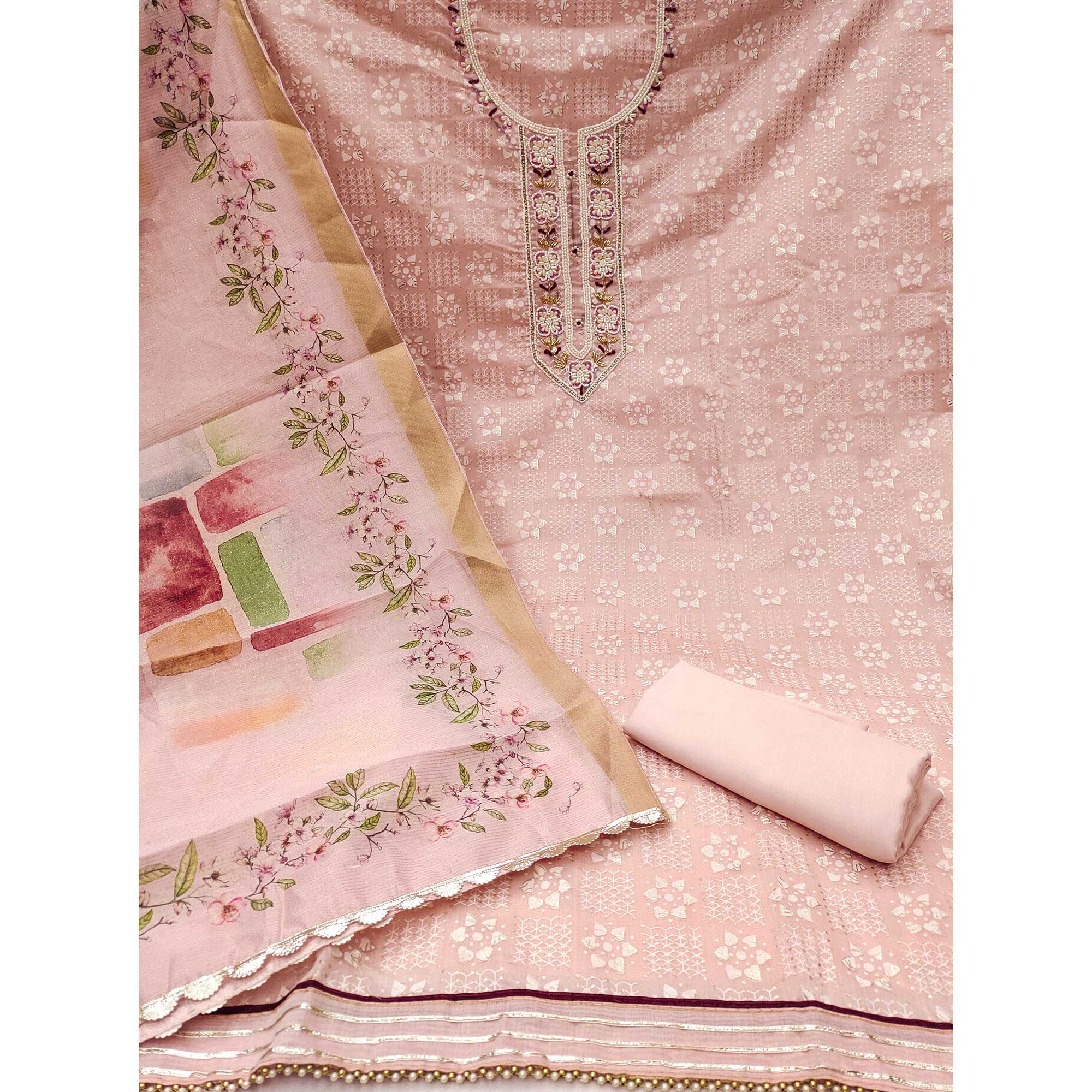 Peach Floral Printed With Hand Embroidery Chanderi Dress Material