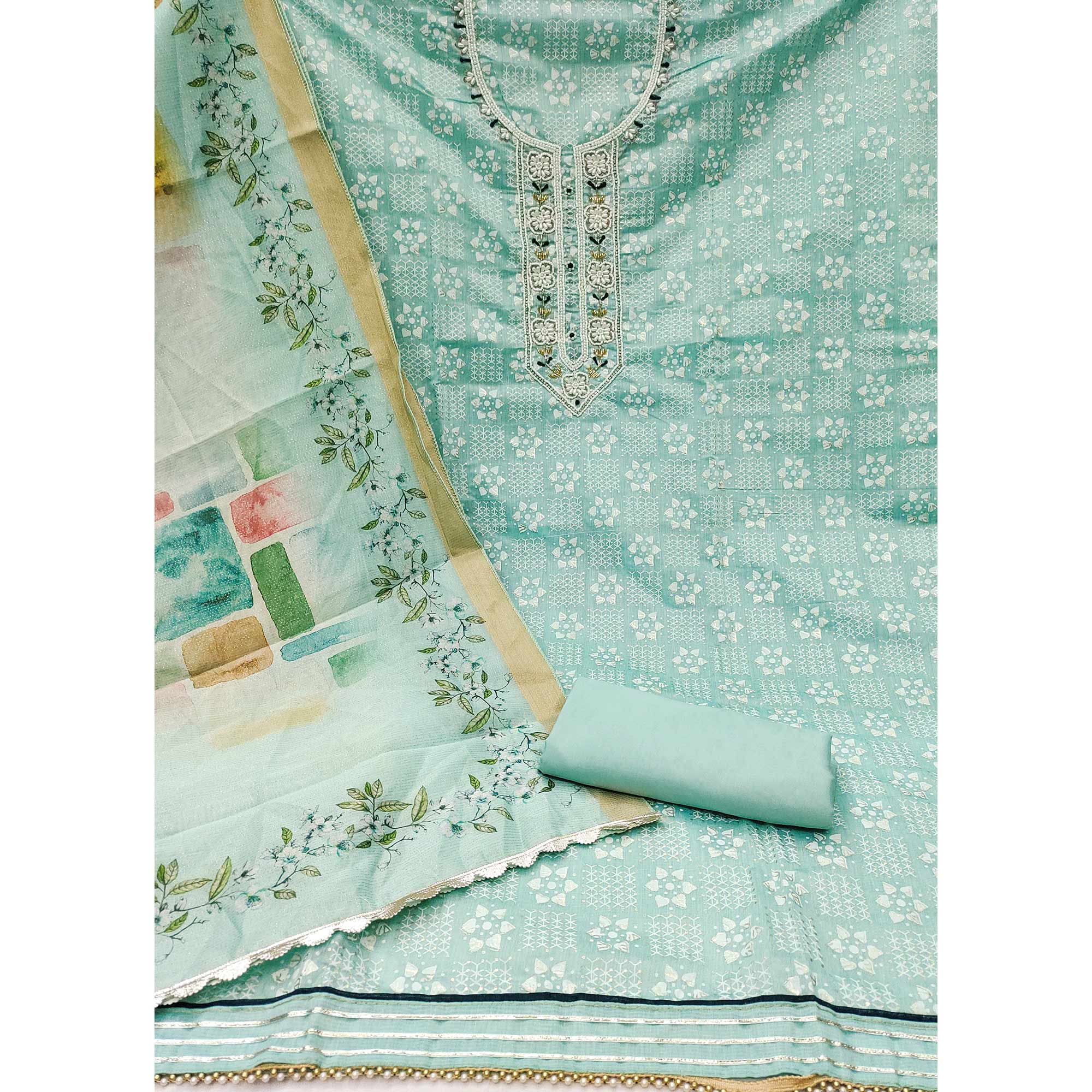 Turquoise Floral Printed With Hand Embroidery Chanderi Dress Material