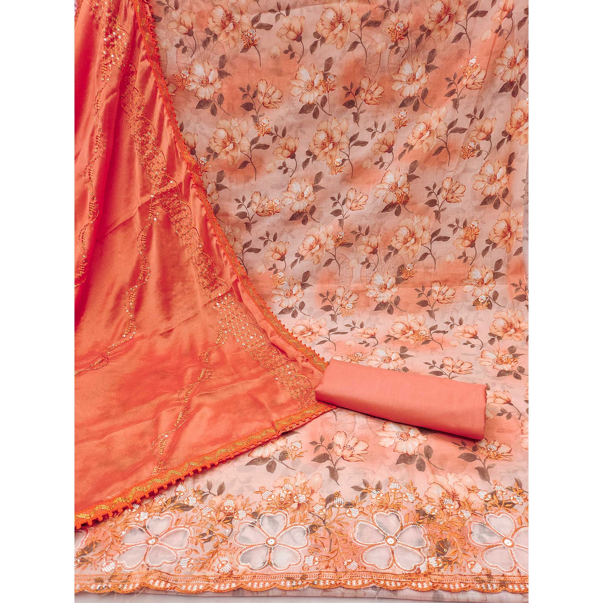 Orange Floral Embroidery With Printed Pure Cotton Dress Material