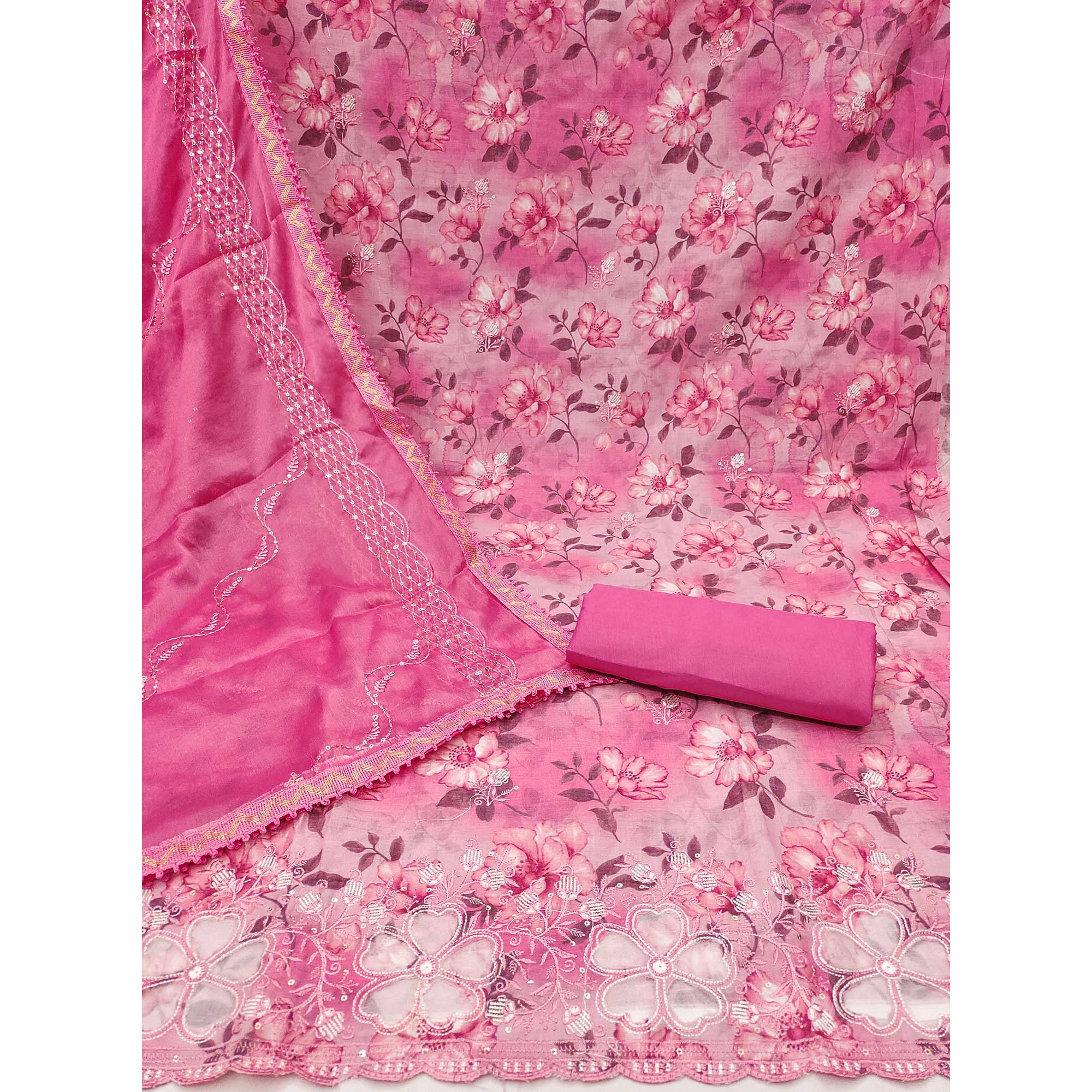 Pink Floral Embroidery With Printed Pure Cotton Dress Material