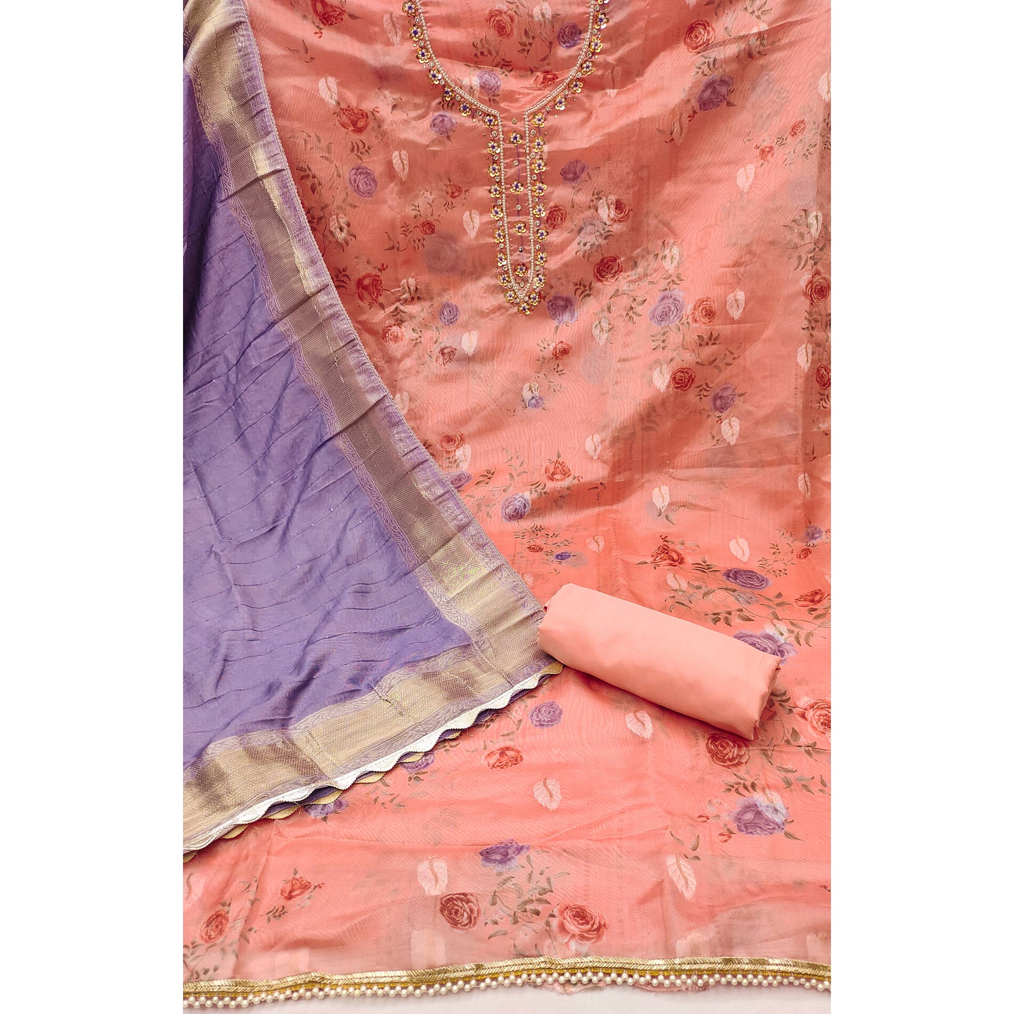 Peach Floral Digital Printed With Handwork Organza Dress Material