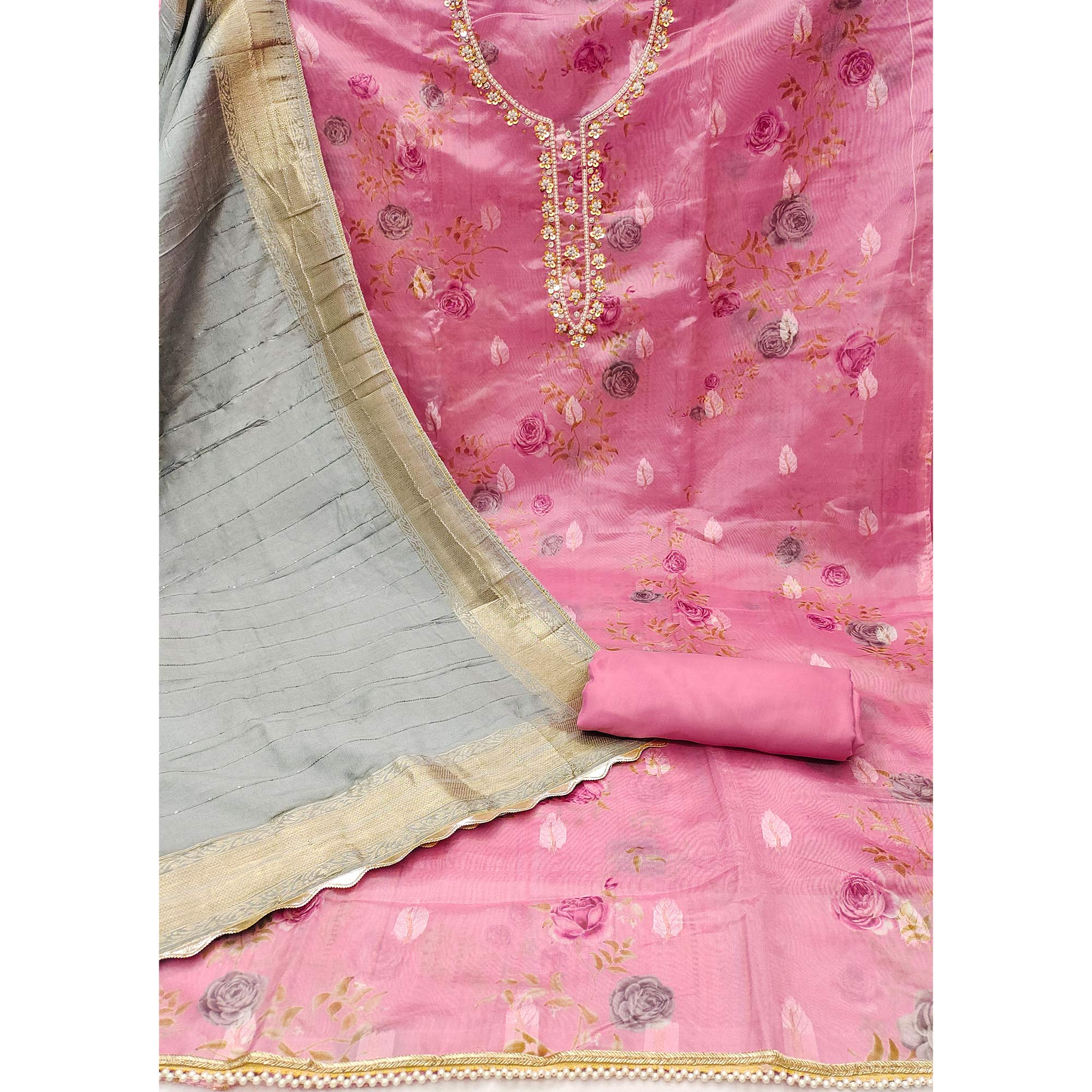 Pink Floral Digital Printed With Handwork Organza Dress Material