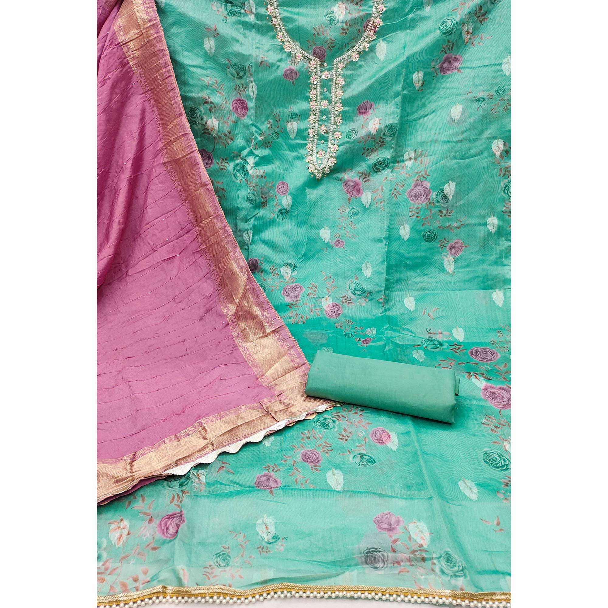 Turquoise Floral Digital Printed With Handwork Organza Dress Material