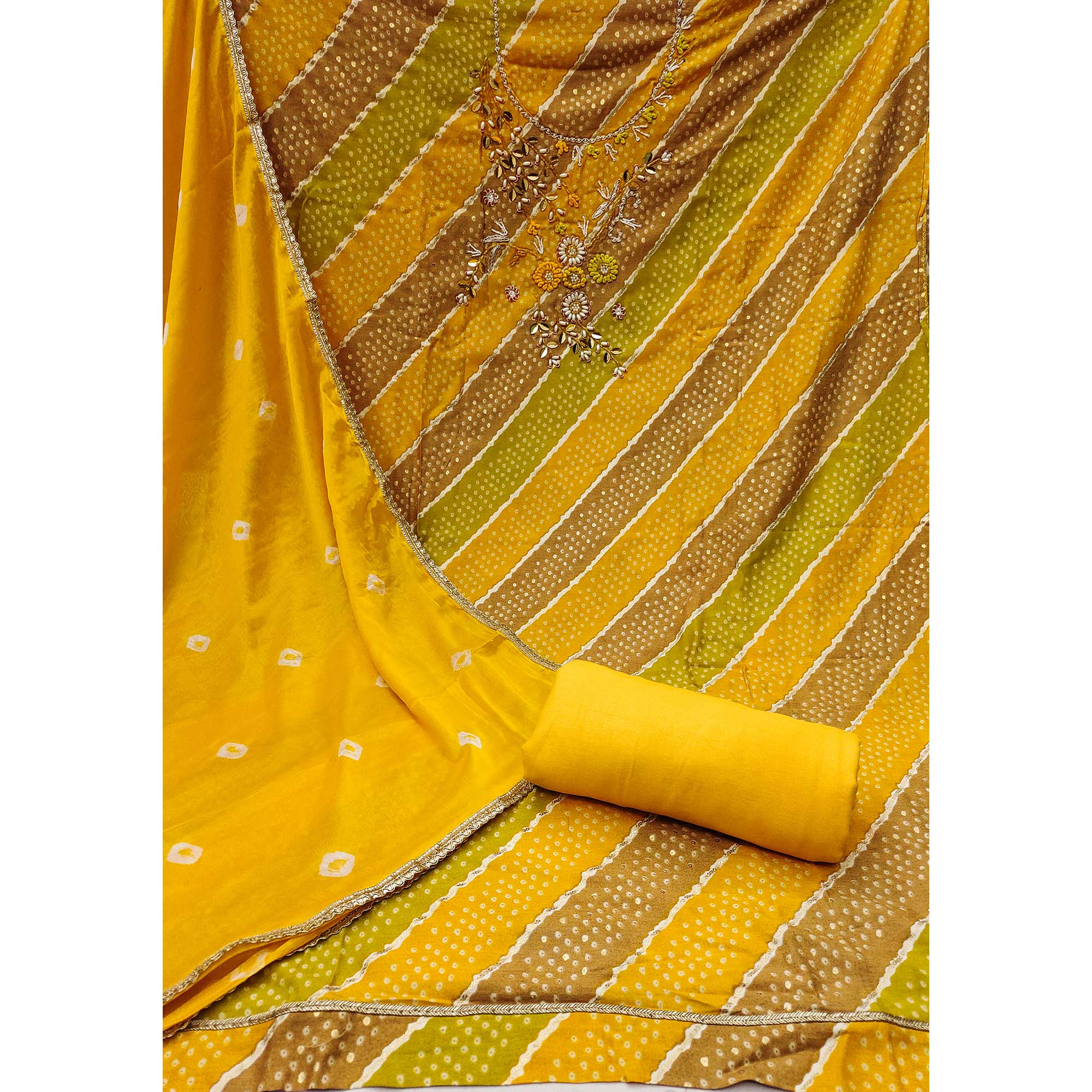 Yellow Bandhani Printed With Hand Embroidery Rayon Dress Material