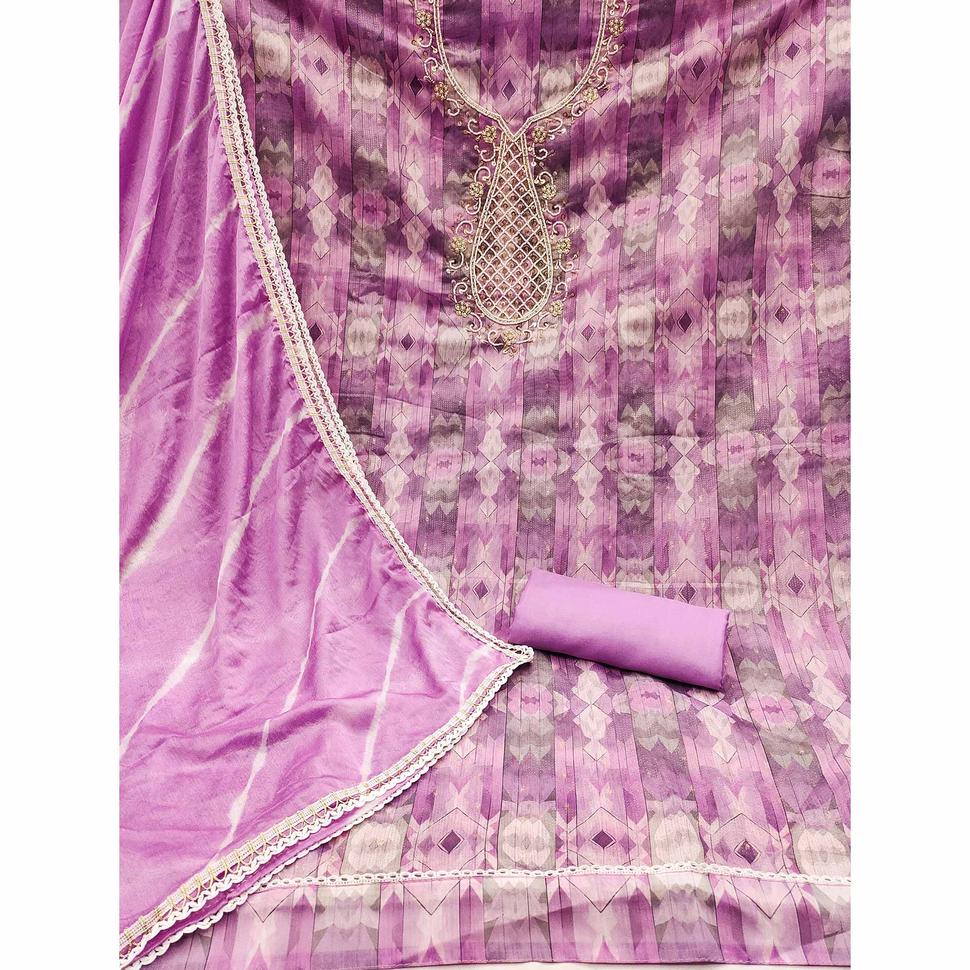 Purple Digital Printed With Hand Embroidery Chanderi Dress Material