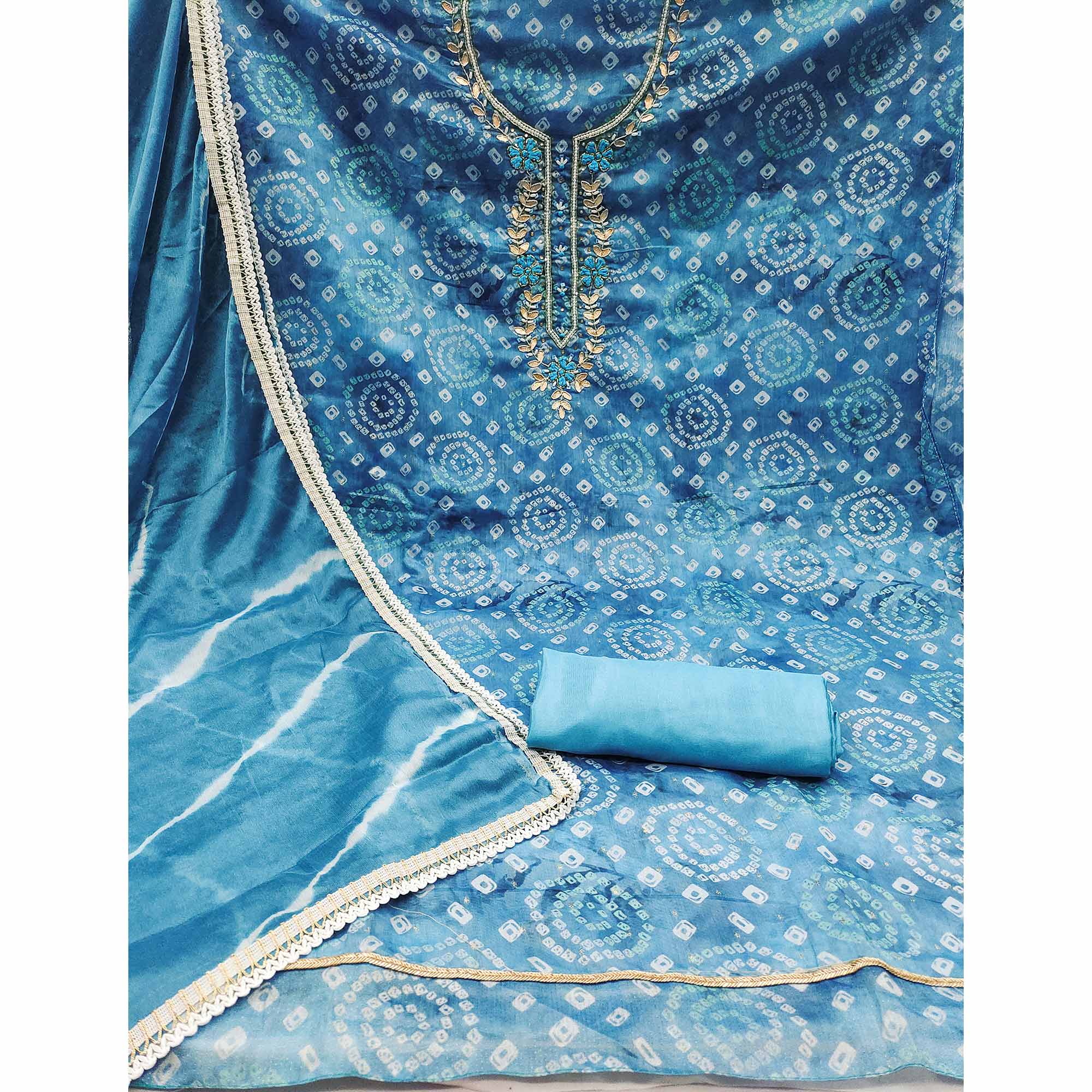 Blue Bandhani Printed With Hand Embroidery Chanderi Dress Material