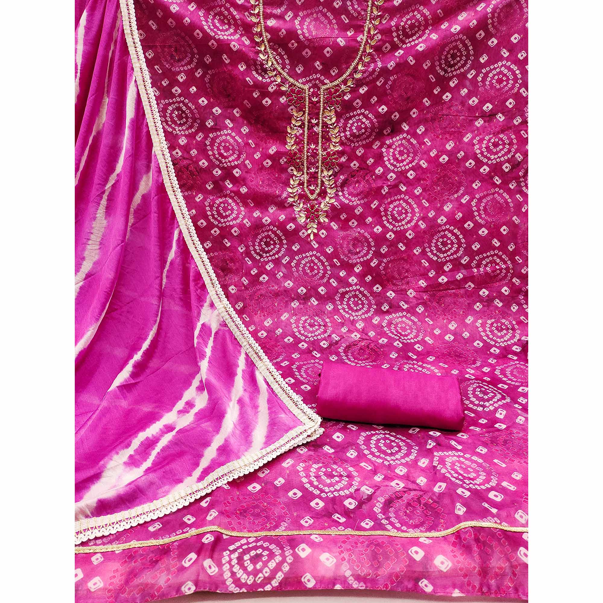 Pink Bandhani Printed With Hand Embroidery Chanderi Dress Material