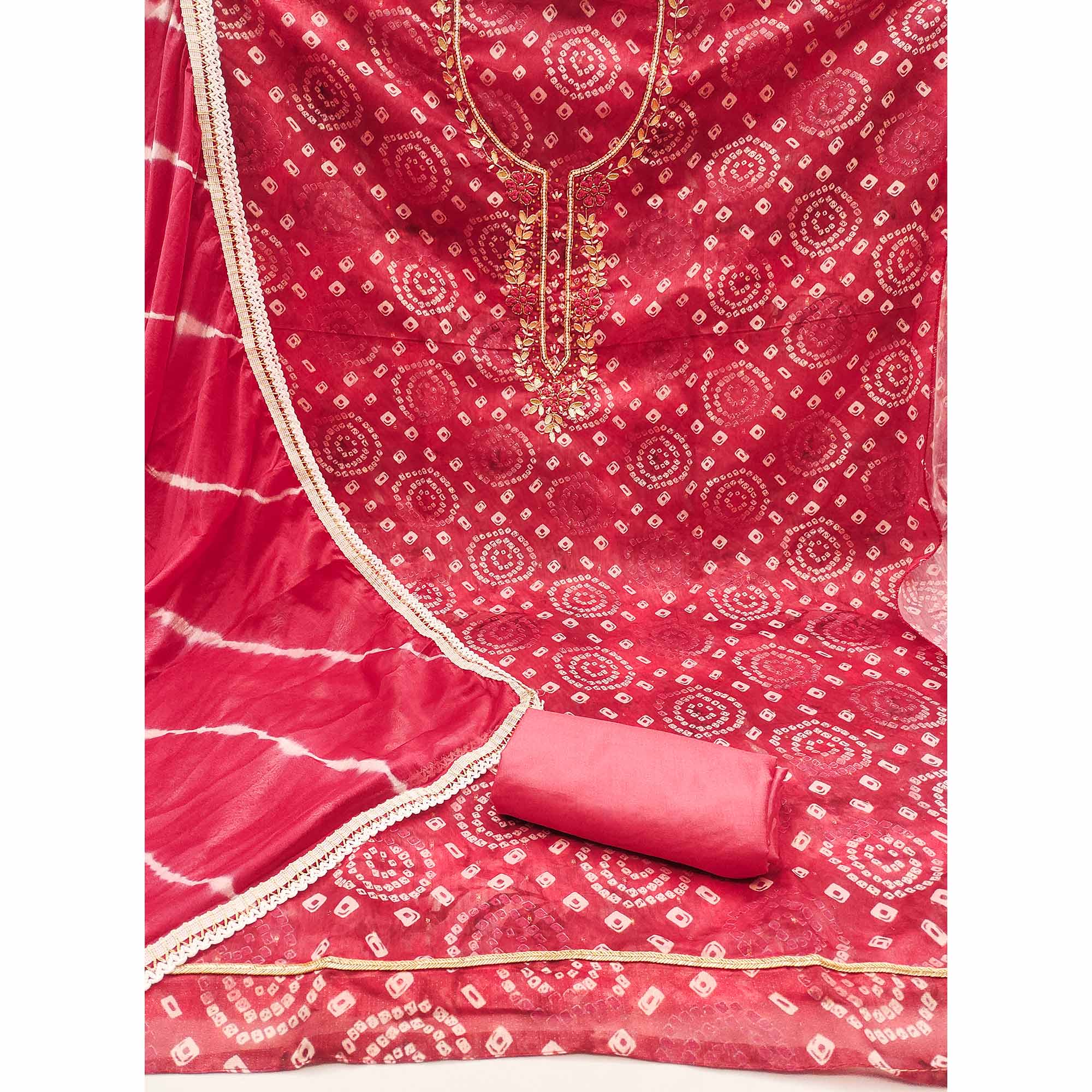 Red Bandhani Printed With Hand Embroidery Chanderi Dress Material