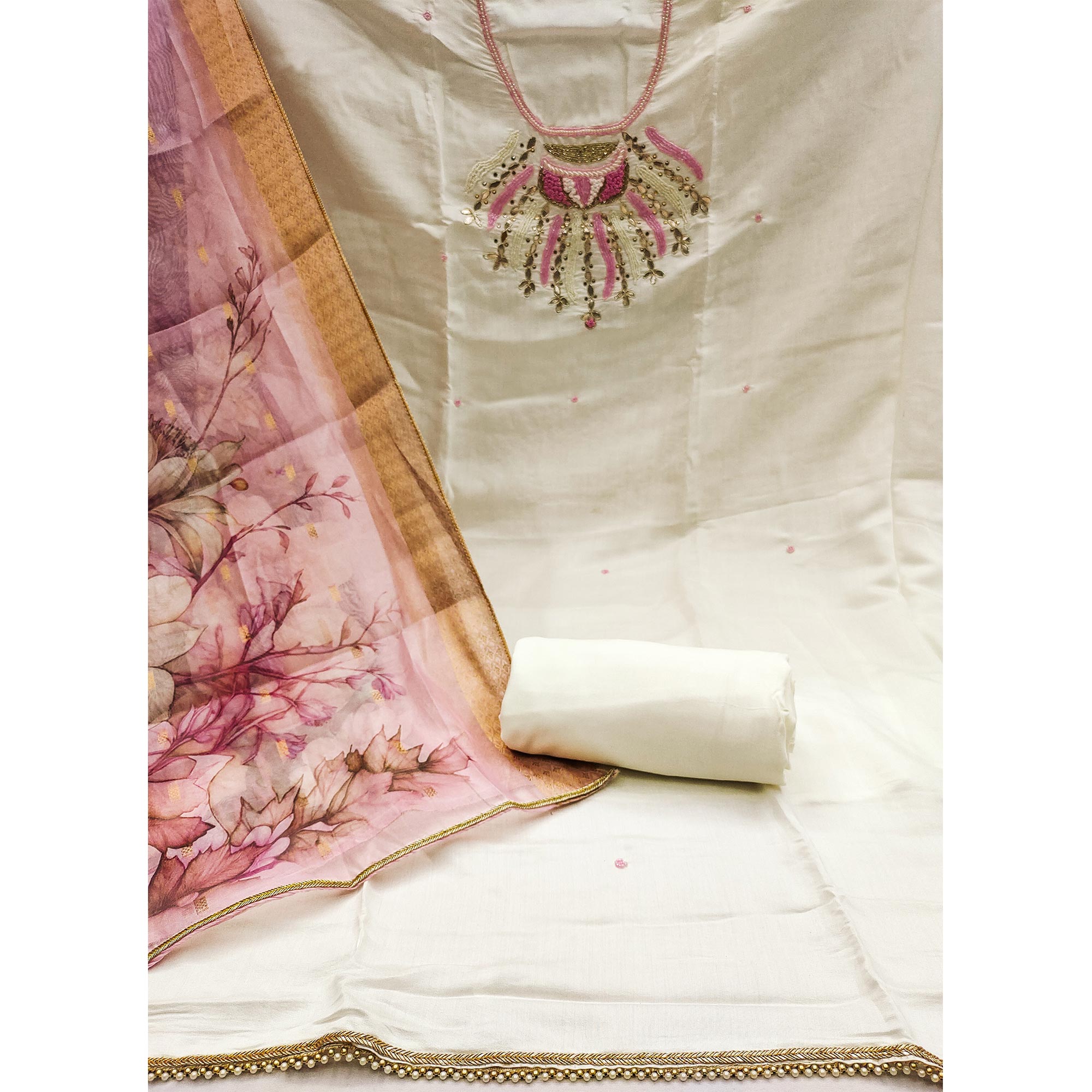 Offwhite Hand Embroidered Cotton Silk Dress Material