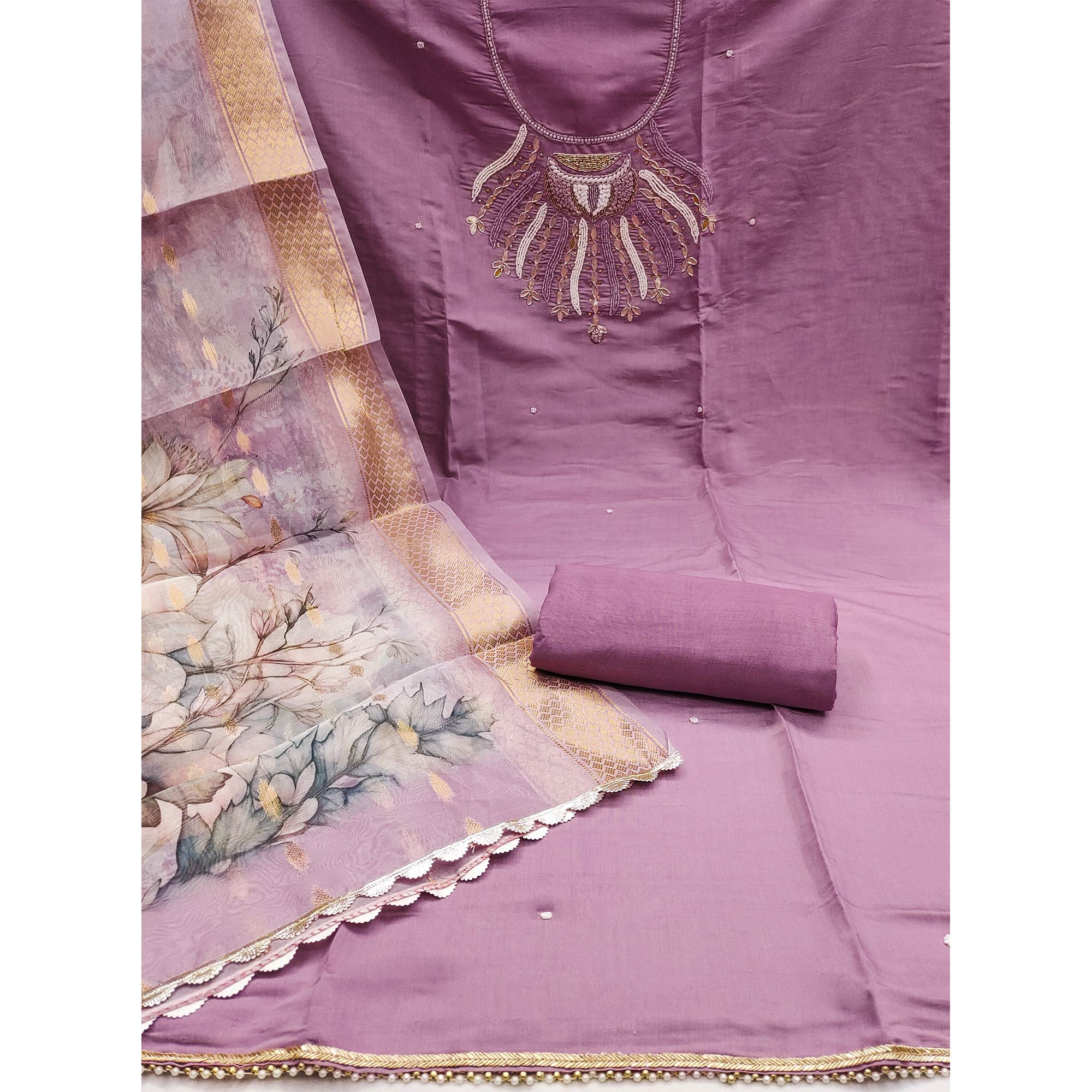 Purple Hand Embroidered Cotton Silk Dress Material
