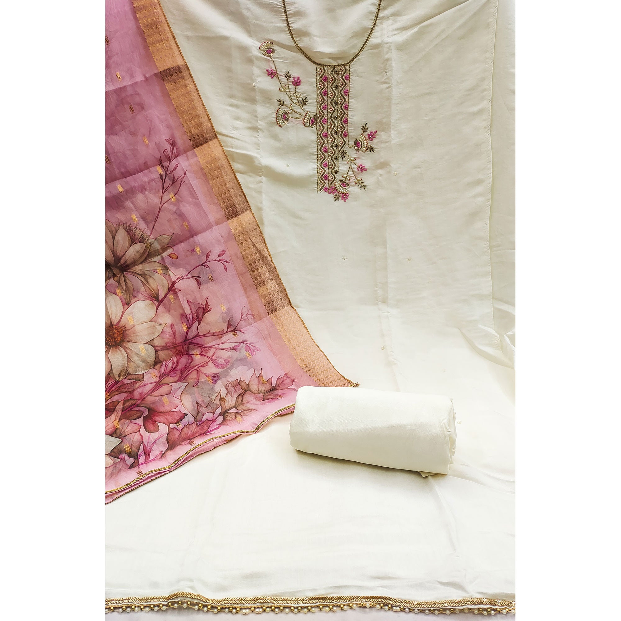 Offwhite Floral Hand Embroidered Cotton Silk Dress Material