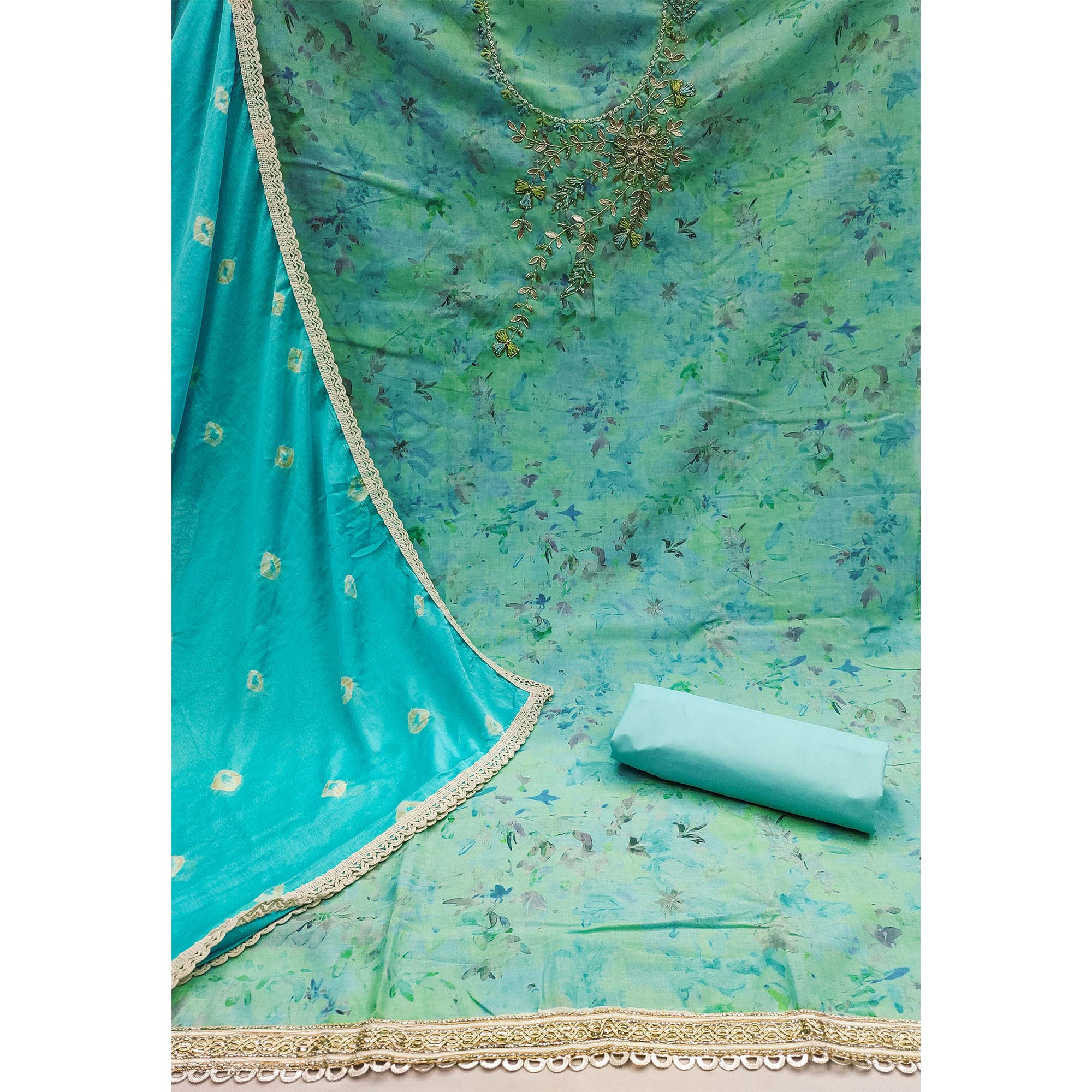 Blue Printed With Hand Embroidery Pure Cotton Dress Material